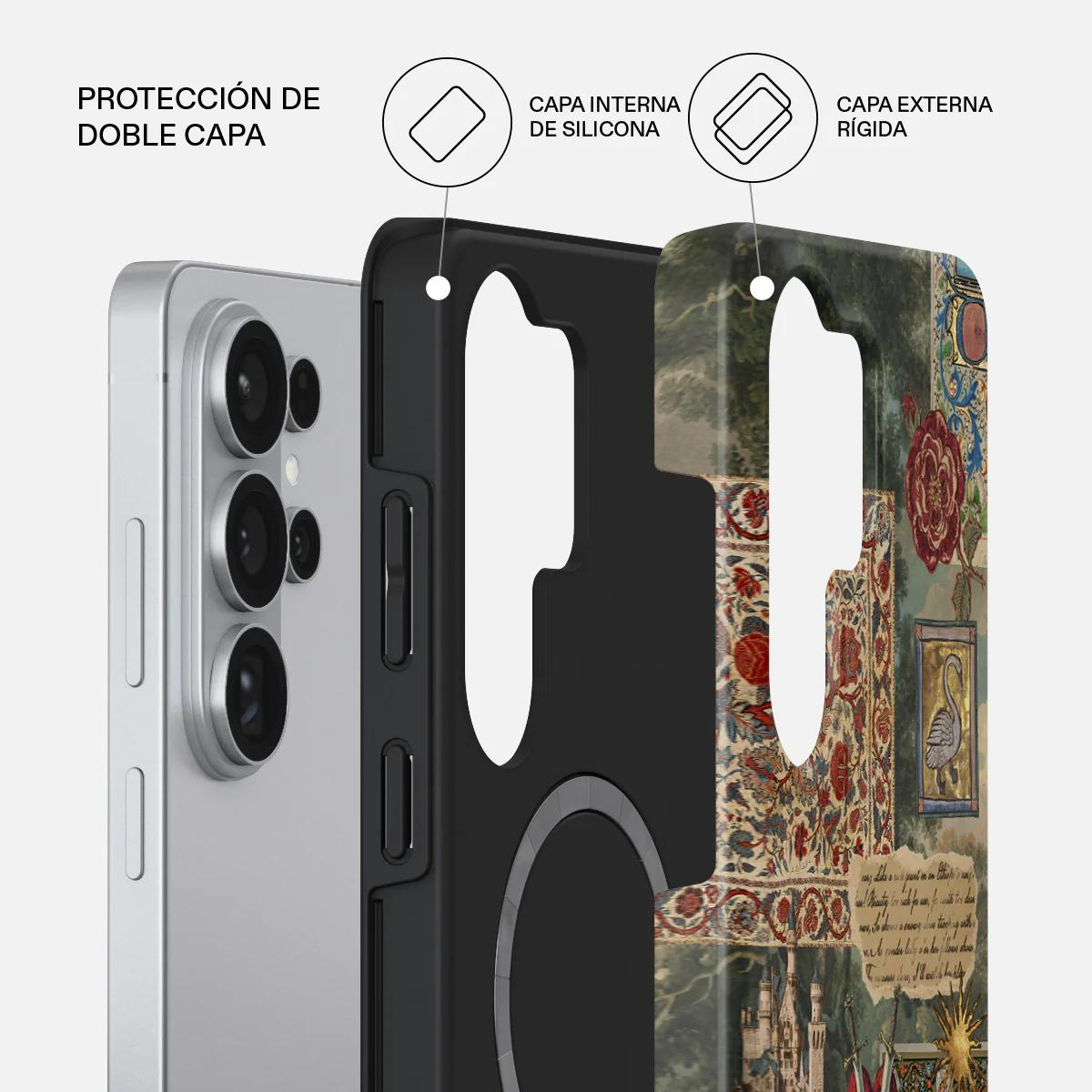 Un teléfono con funda protectora de doble capa. La funda tiene un diseño estampado.