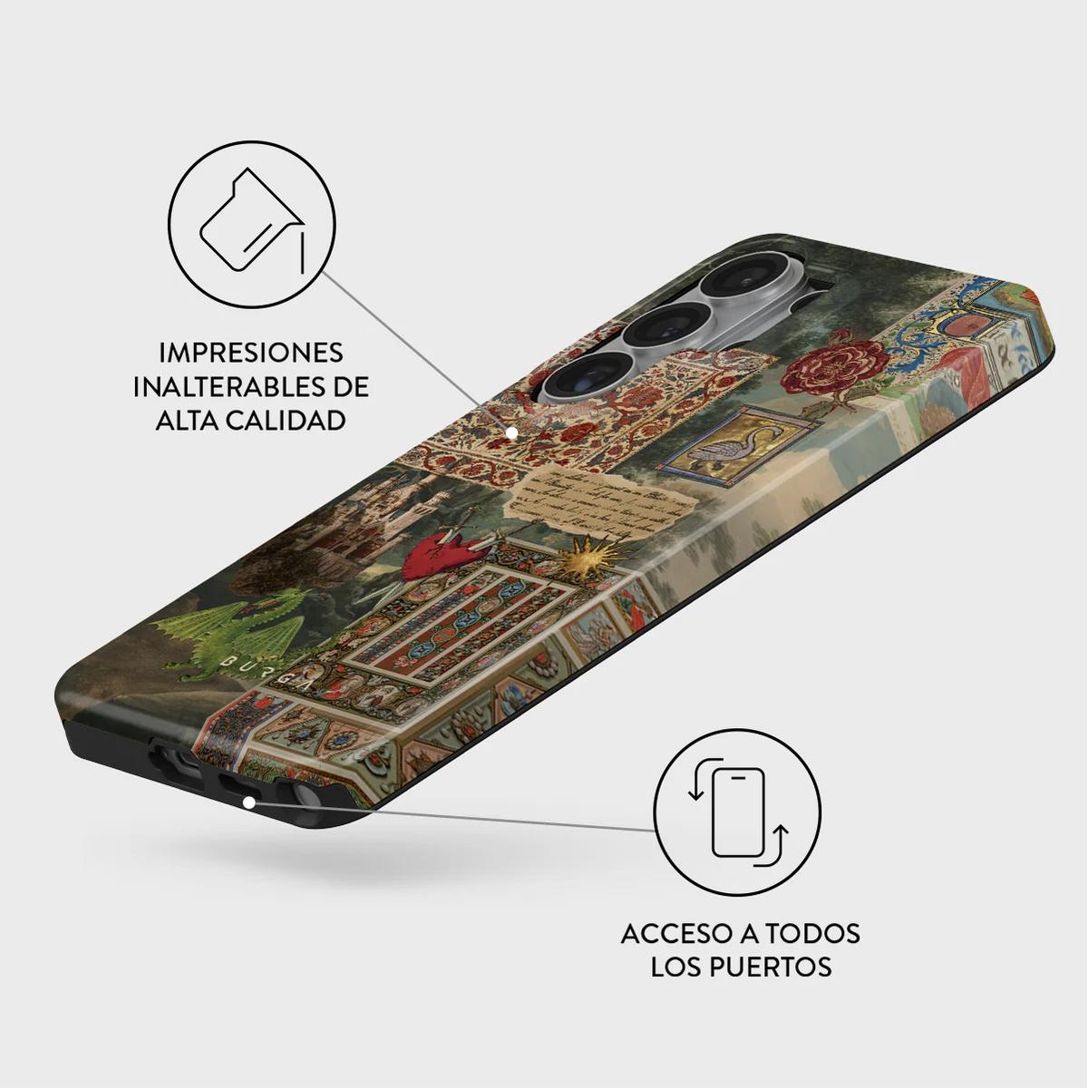 Una funda de teléfono con un diseño de collage de imágenes antiguas, alfombras y pergaminos.