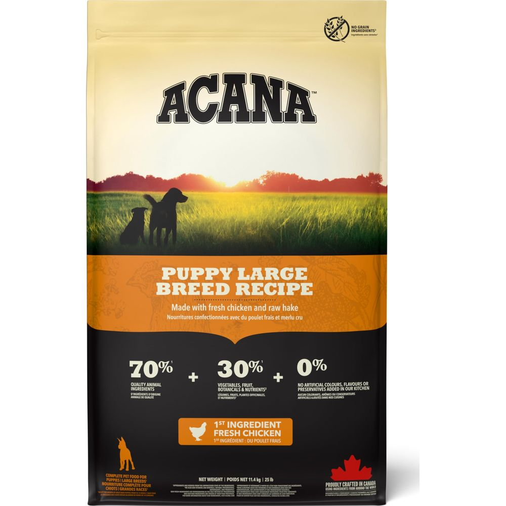 Torba karmy dla psów ACANA Puppy Large Breed Recipe z zachodem słońca, trawą i dwiema sylwetkami psów.