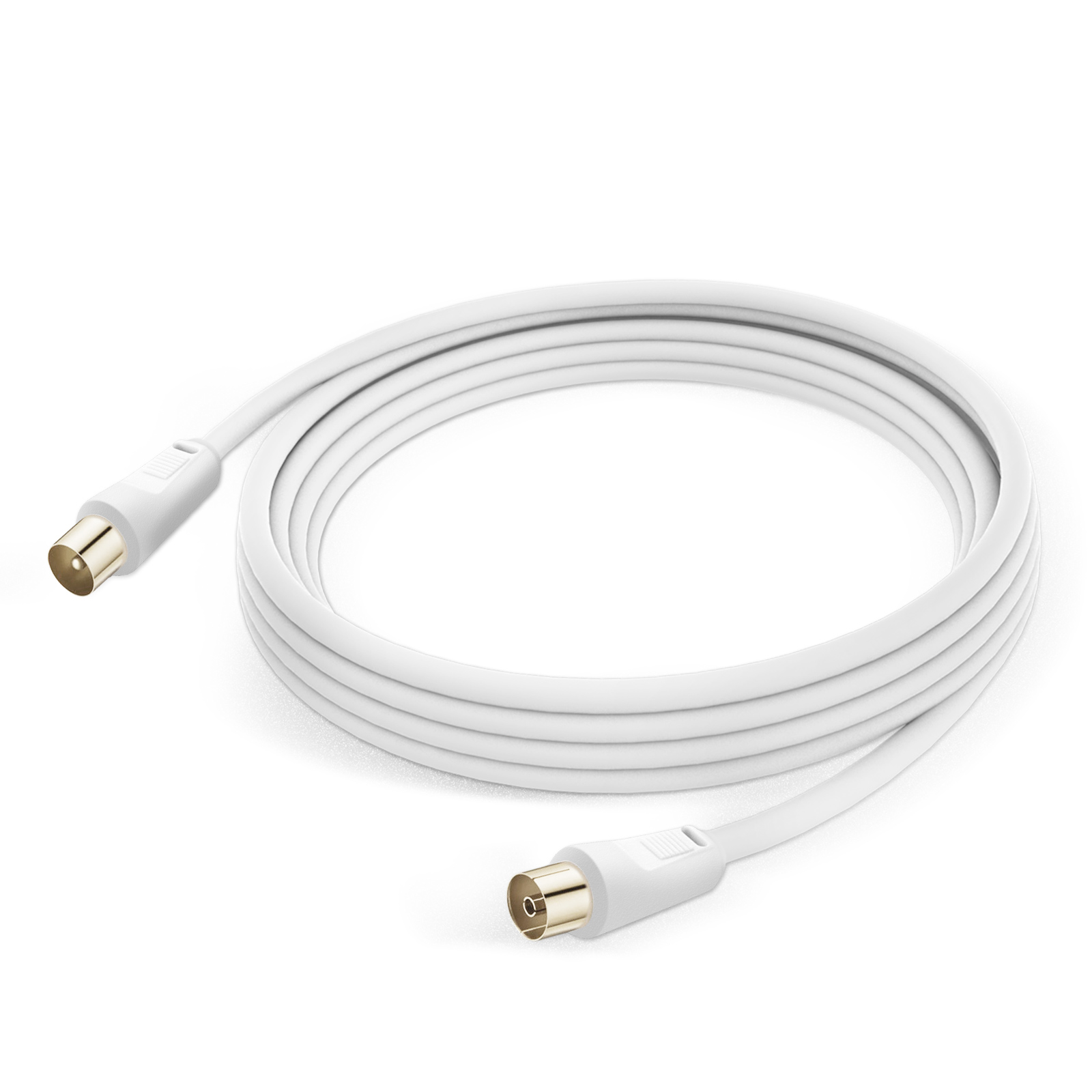Un cavo coassiale bianco con due connettori dorati, arrotolato.