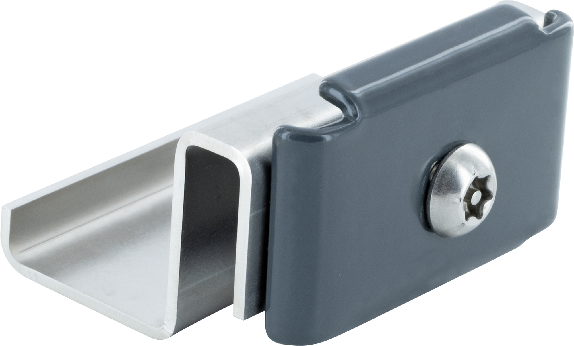 Ein silberner Metallclip mit einem grauen Plastikteil und einer Schraube.