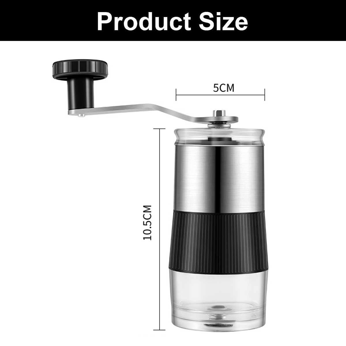 Kaffeemühle mit Griff, 10,5 cm hoch und 5 cm breit.