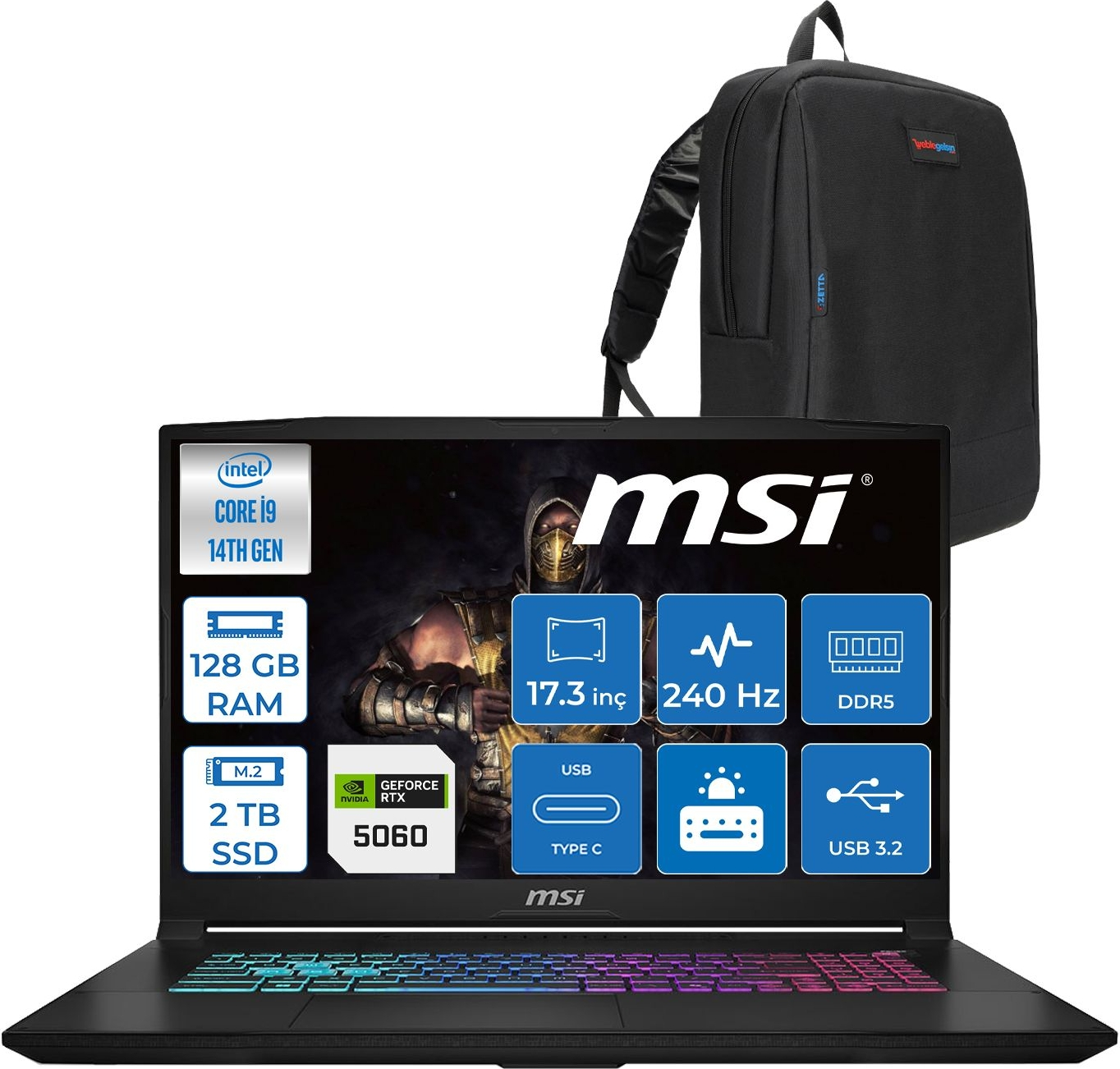 Intel Core i9, 128 GB RAM, 2 TB SSD, RTX 5060 ve sırt çantalı siyah MSI oyuncu dizüstü bilgisayarı.