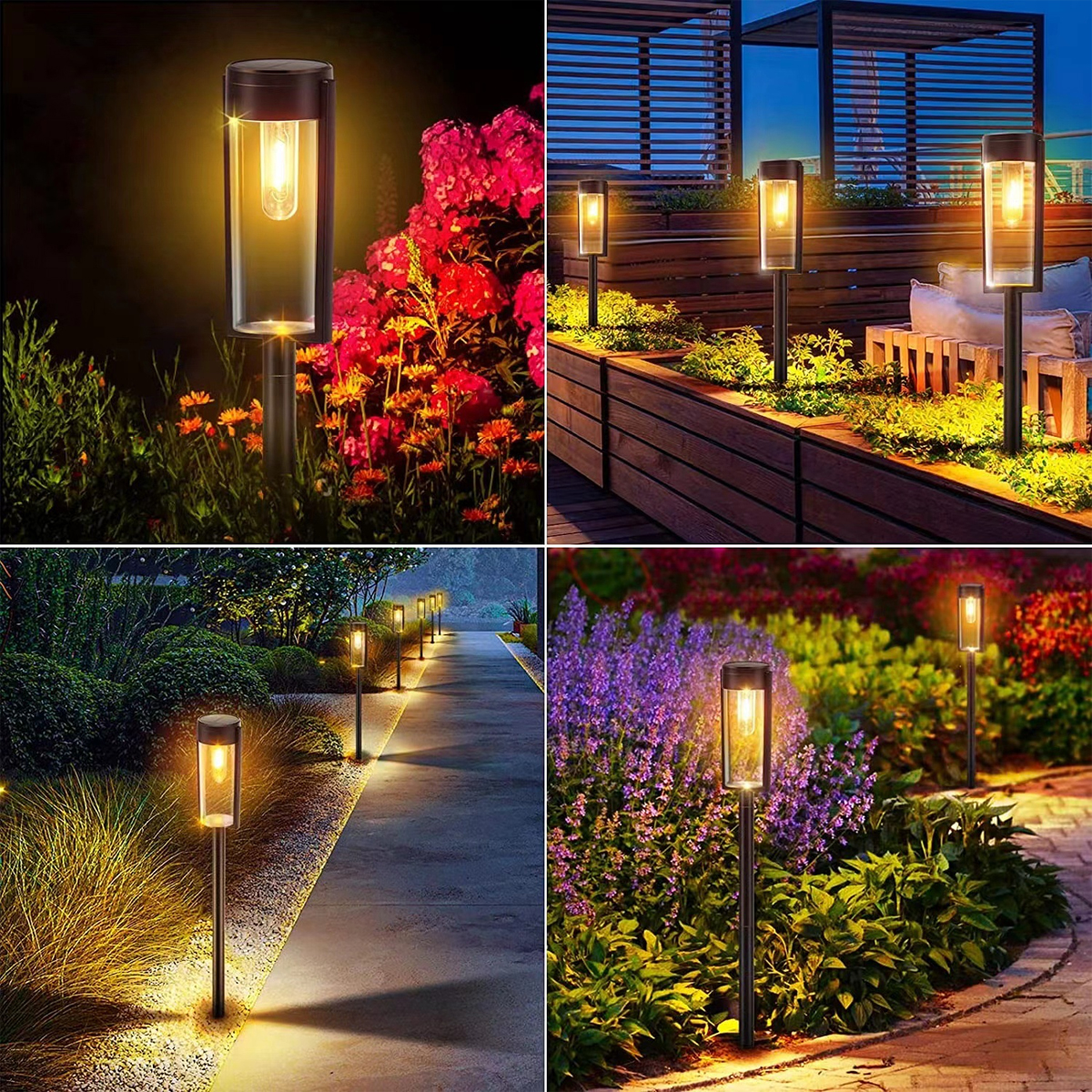 Gartenlampen beleuchten Wege und Blumenbeete bei Nacht.