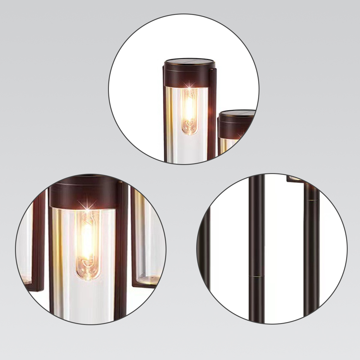 Moderne Außenleuchten mit Glaszylindern und dunklen Metallrahmen.