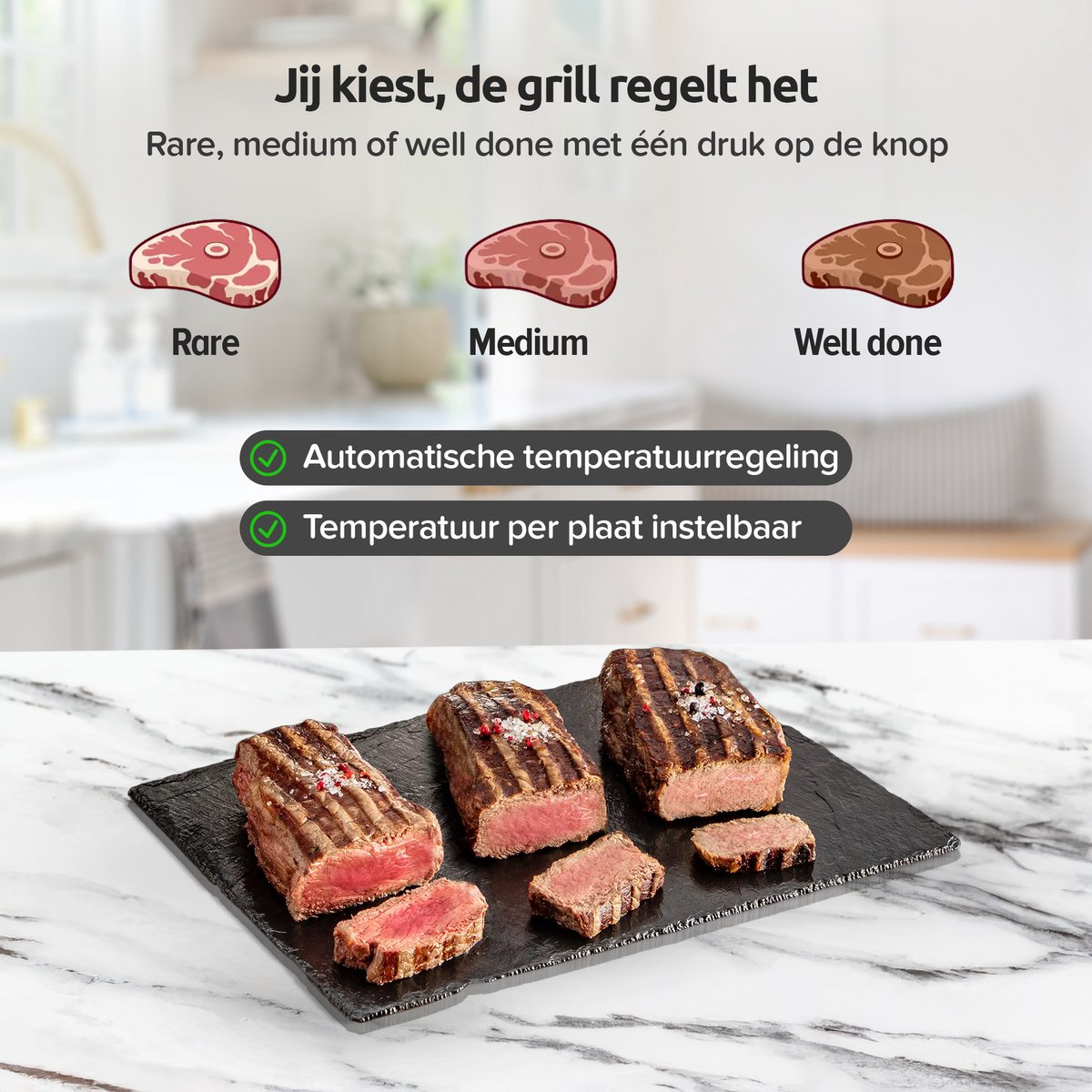 Drie gegrilde steaks op een plateau, met de niveaus rare, medium en well done aangegeven.