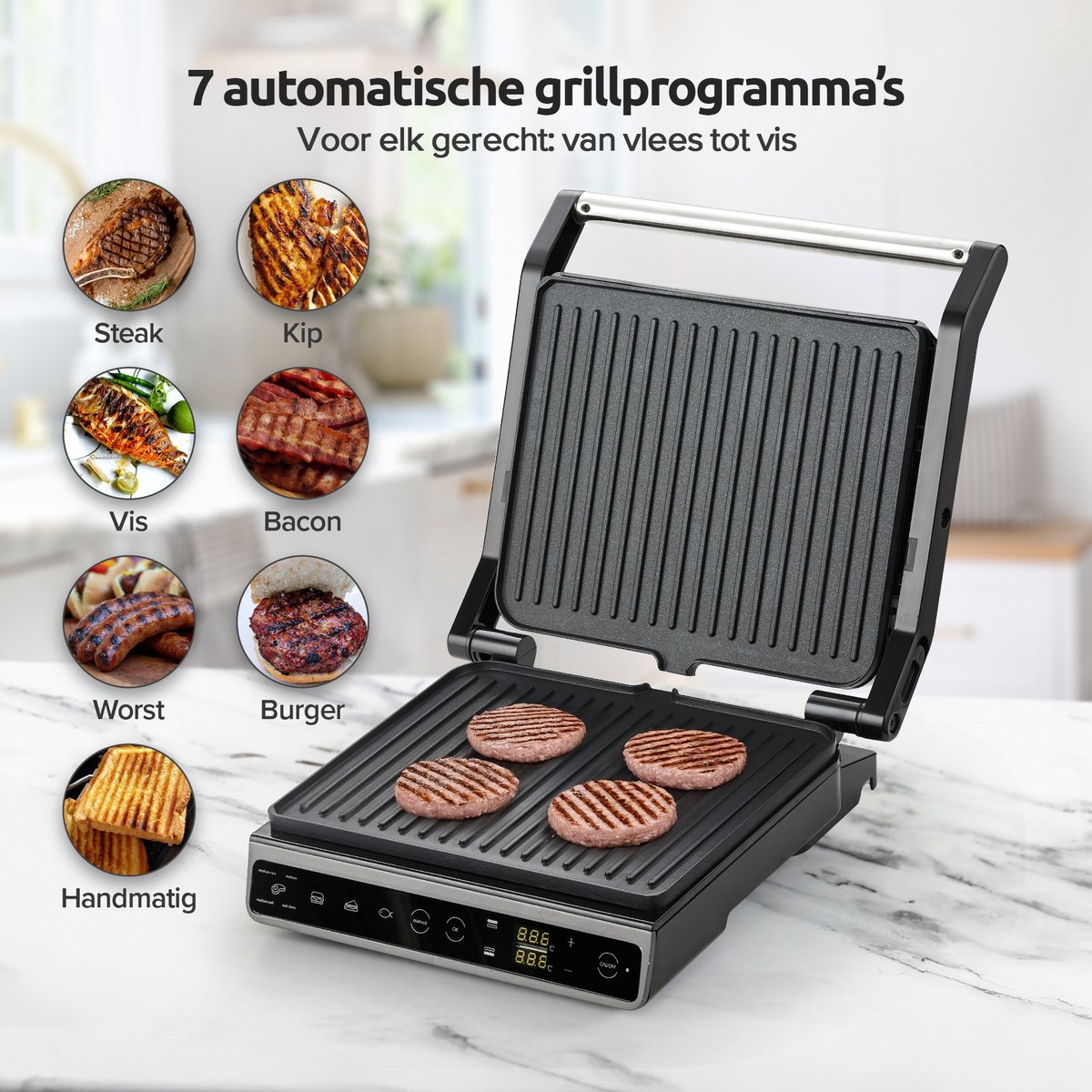 Een open grill met vier burgerpatties en afbeeldingen van steak, kip, vis, spek, worst en brood.