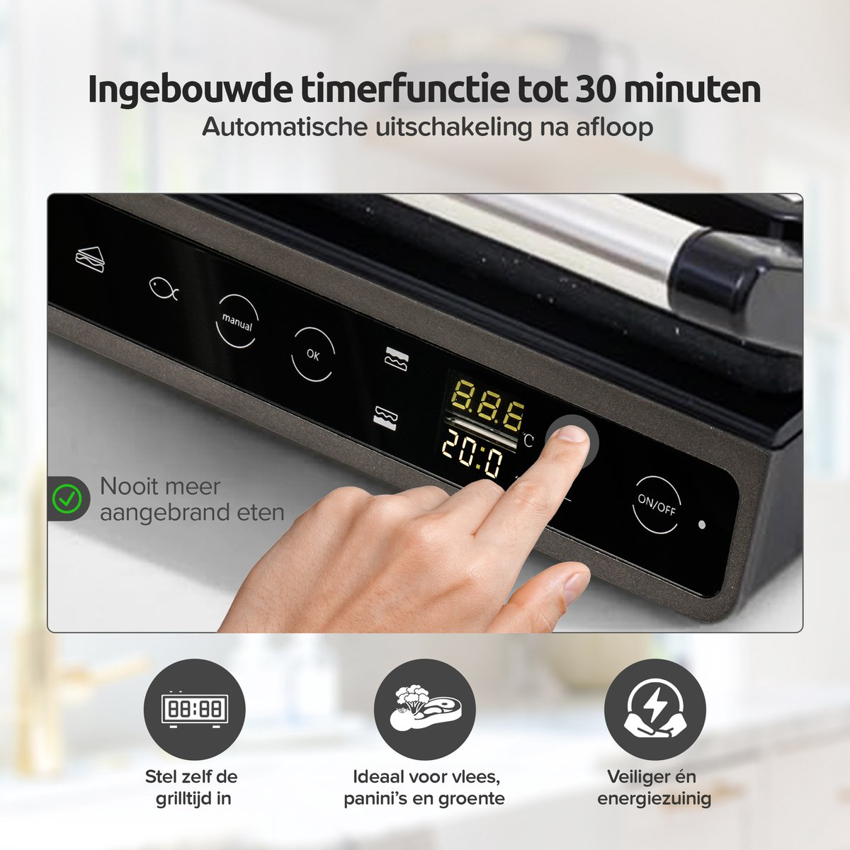 Een hand drukt op een knop op een digitaal bedieningspaneel met timerweergave.