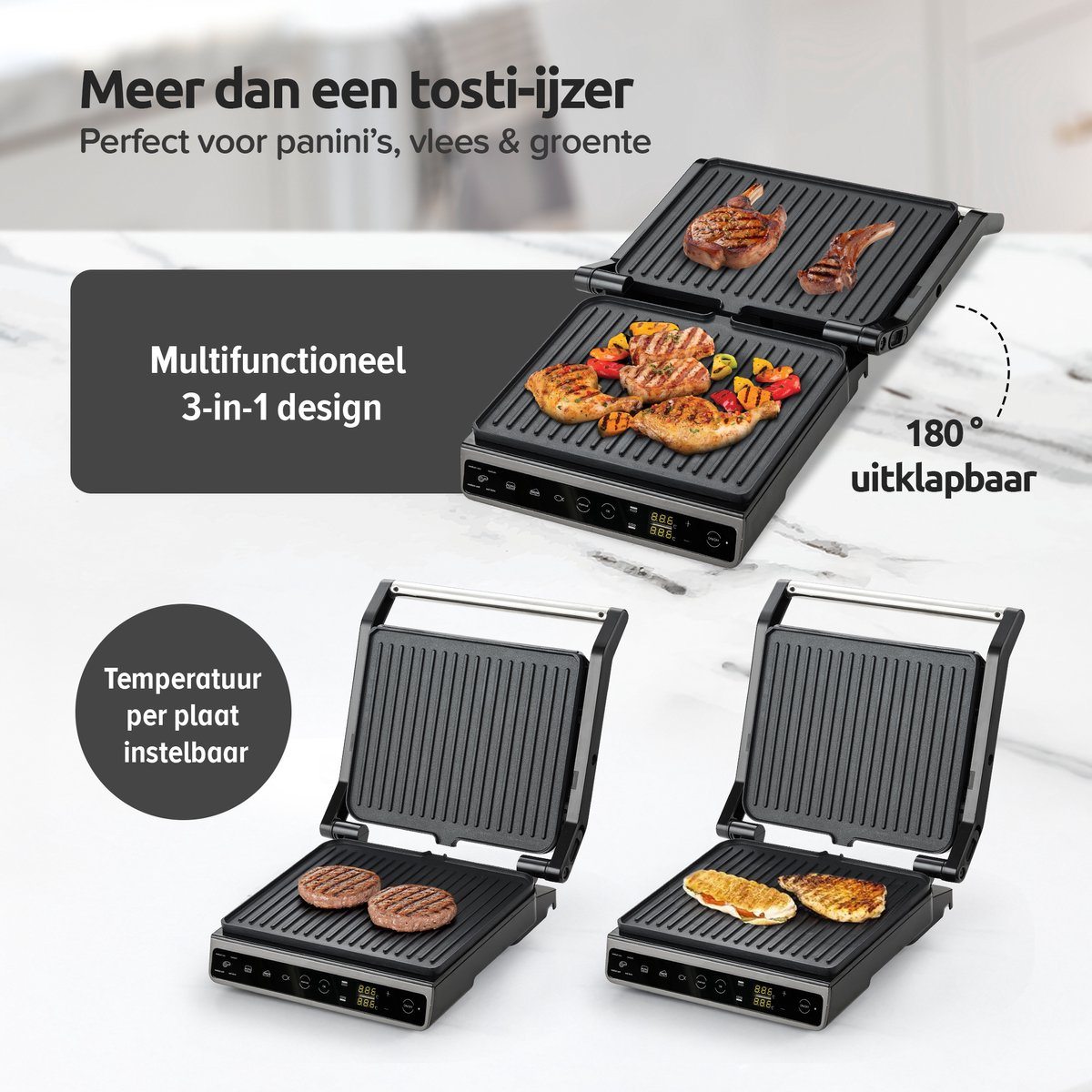 Een multifunctionele 3-in-1 contactgrill die 180 graden opengaat.
