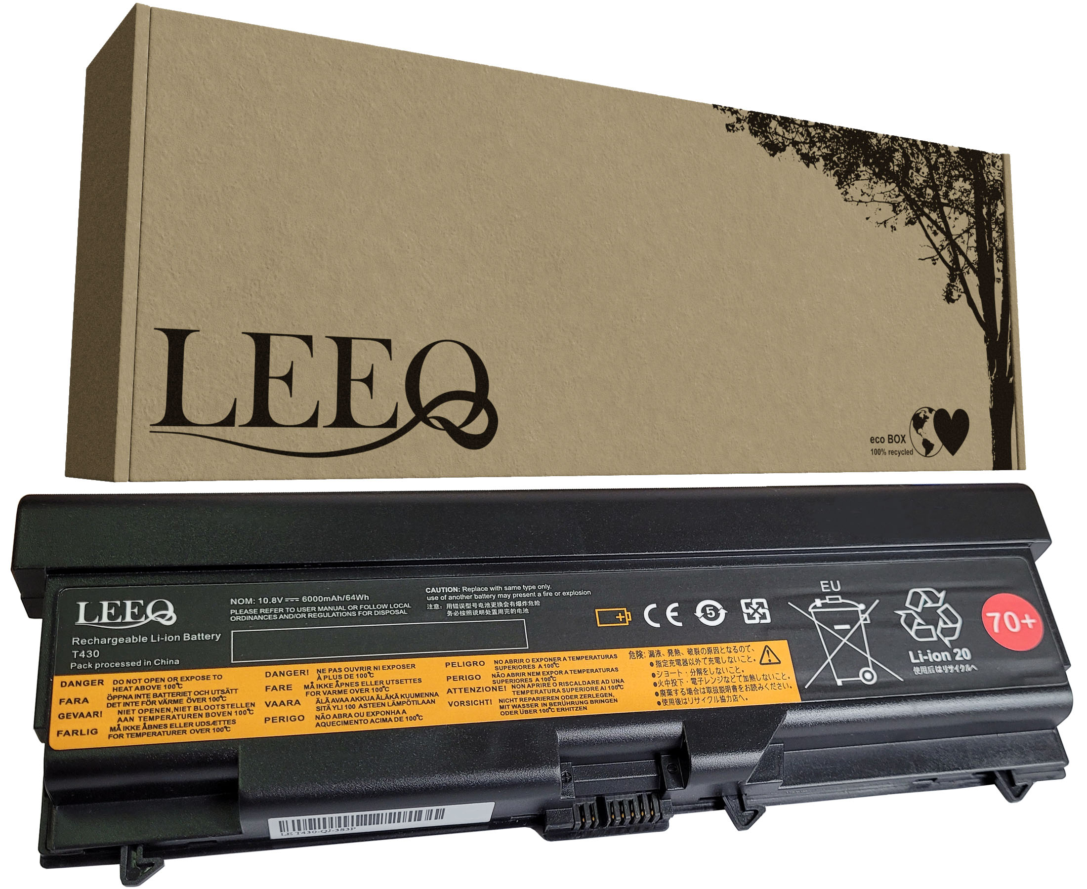 Bateria litowo-jonowa LEEQ T430 z kartonowym pudełkiem z drzewem.