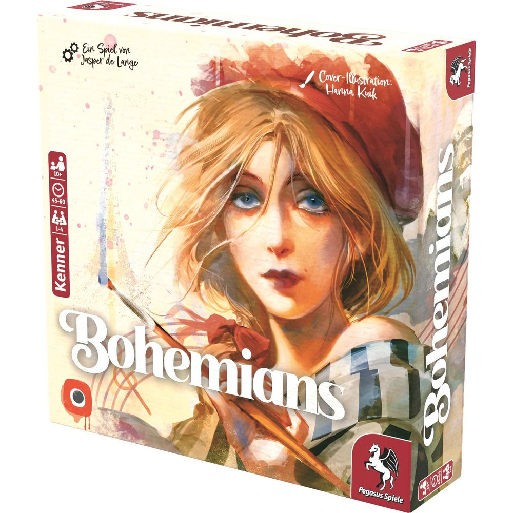 Jeu de société "Bohemians" avec illustration d'une jeune femme au pinceau et à la casquette rouge.