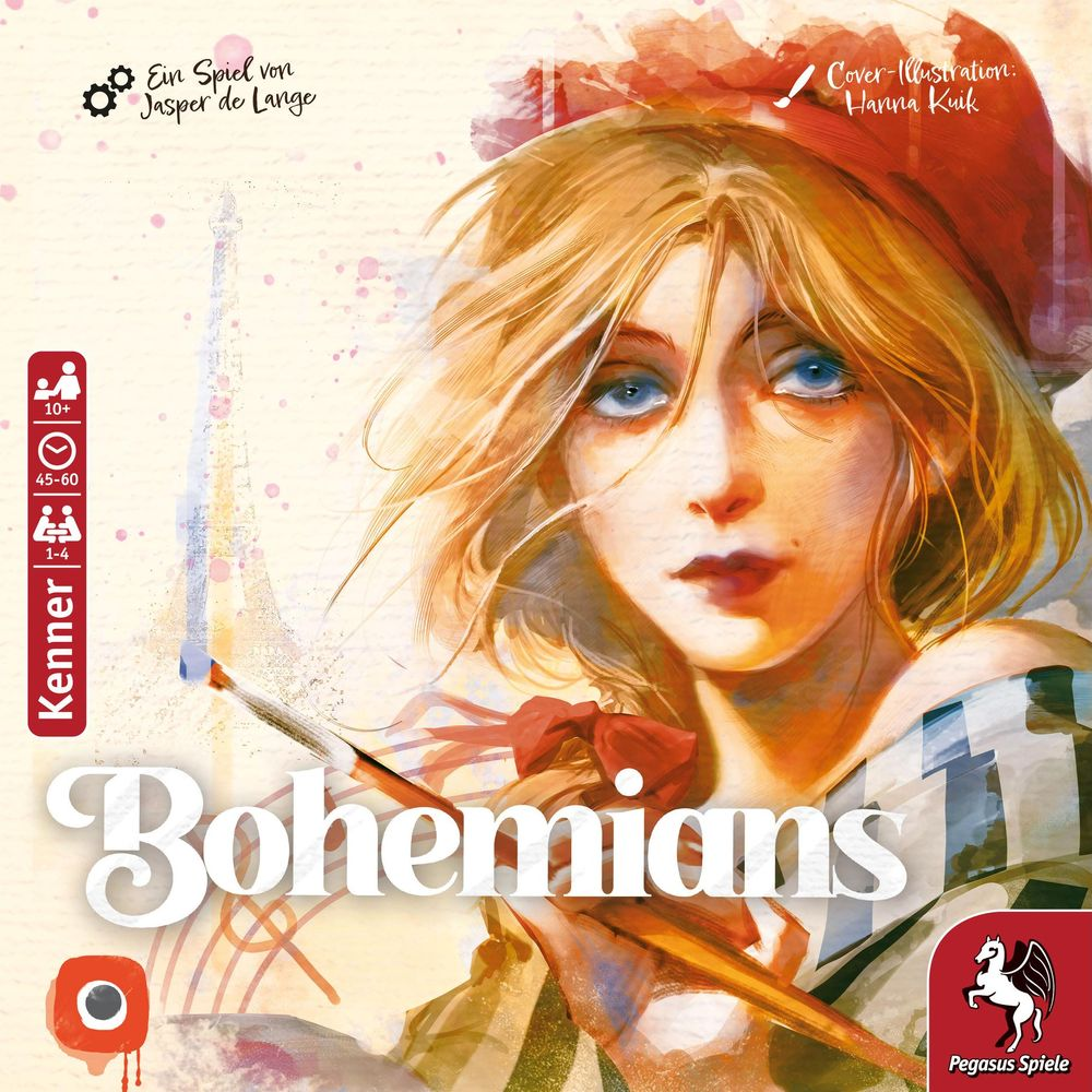 Couverture du jeu avec portrait de femme, titre 'Bohemians', icônes âge, temps, joueurs.