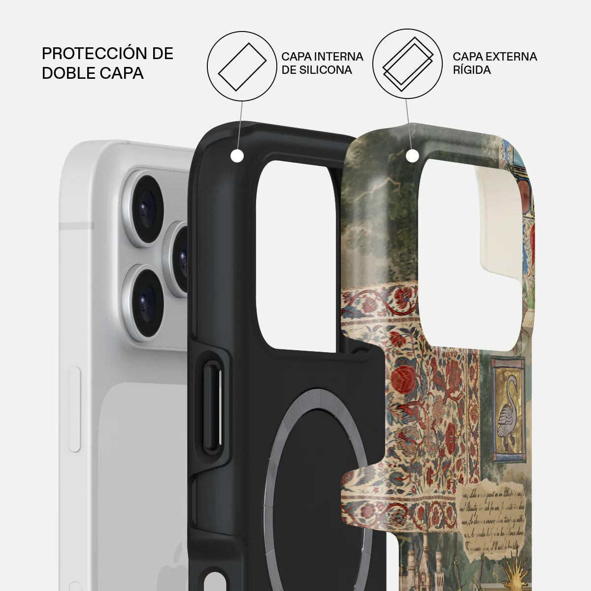 Un teléfono con una funda protectora de doble capa de silicona y plástico.