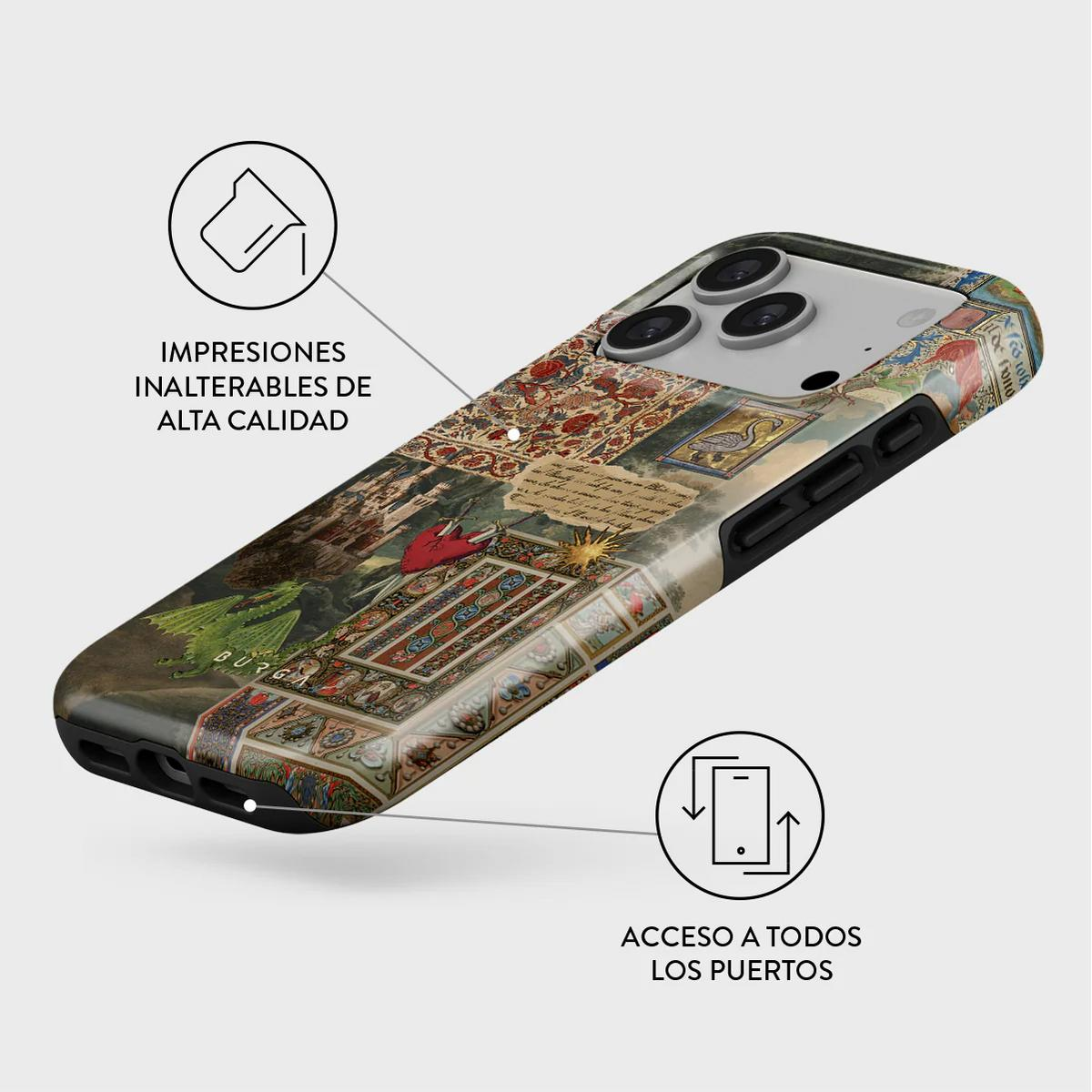 Una funda de teléfono con un diseño de tapiz medieval colorido y detallado, mostrando figuras.