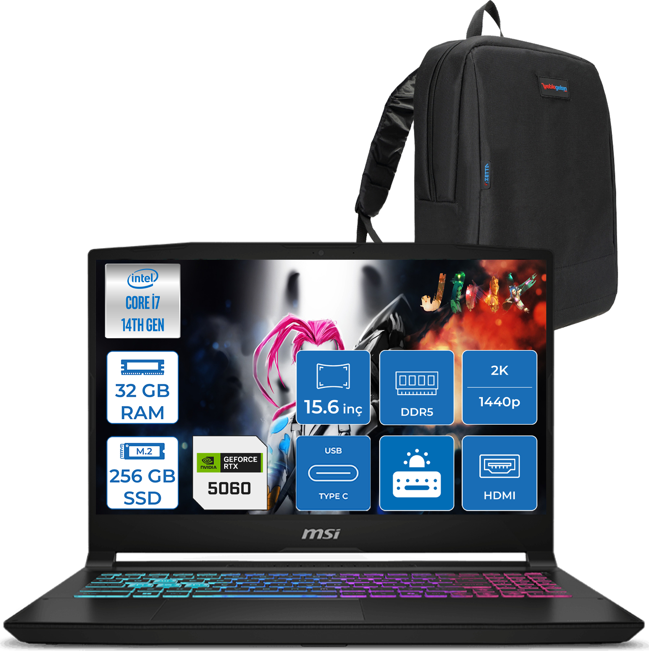 Intel Core i7, 32 GB RAM, 256 GB SSD, RTX 5060 ve sırt çantalı dizüstü bilgisayar.