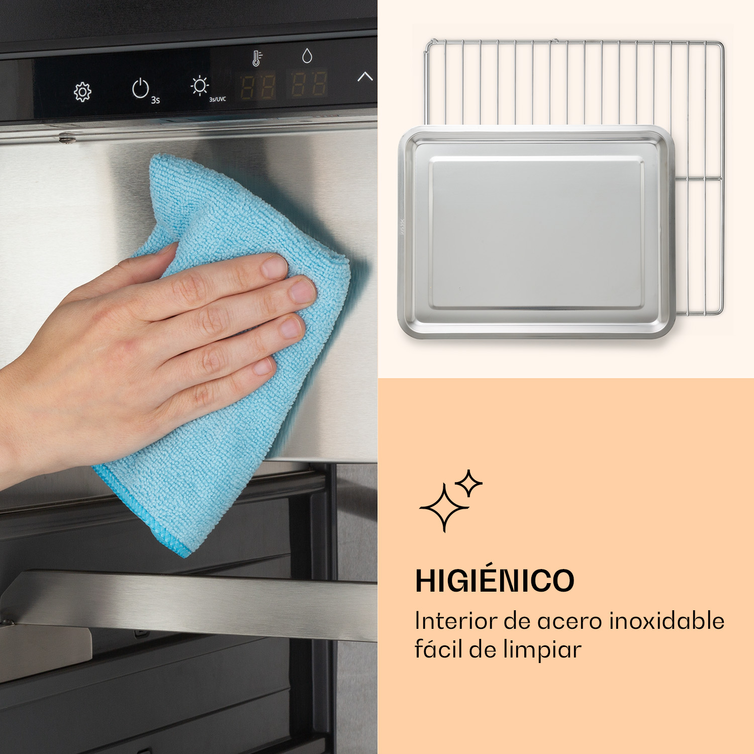 Mano pulisce interno forno con panno blu. Vassoio e griglia mostrati.