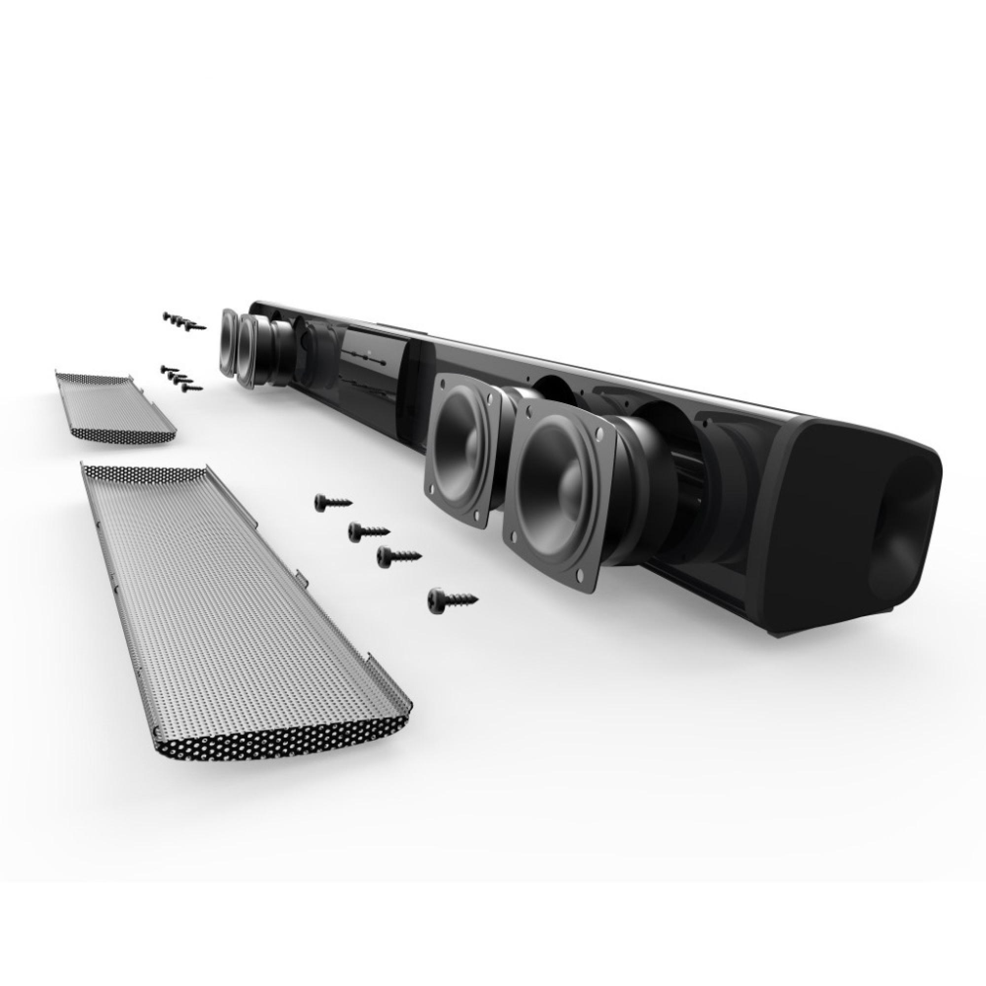 Zerlegte schwarze Soundbar mit Lautsprechern, Gittern und Schrauben.