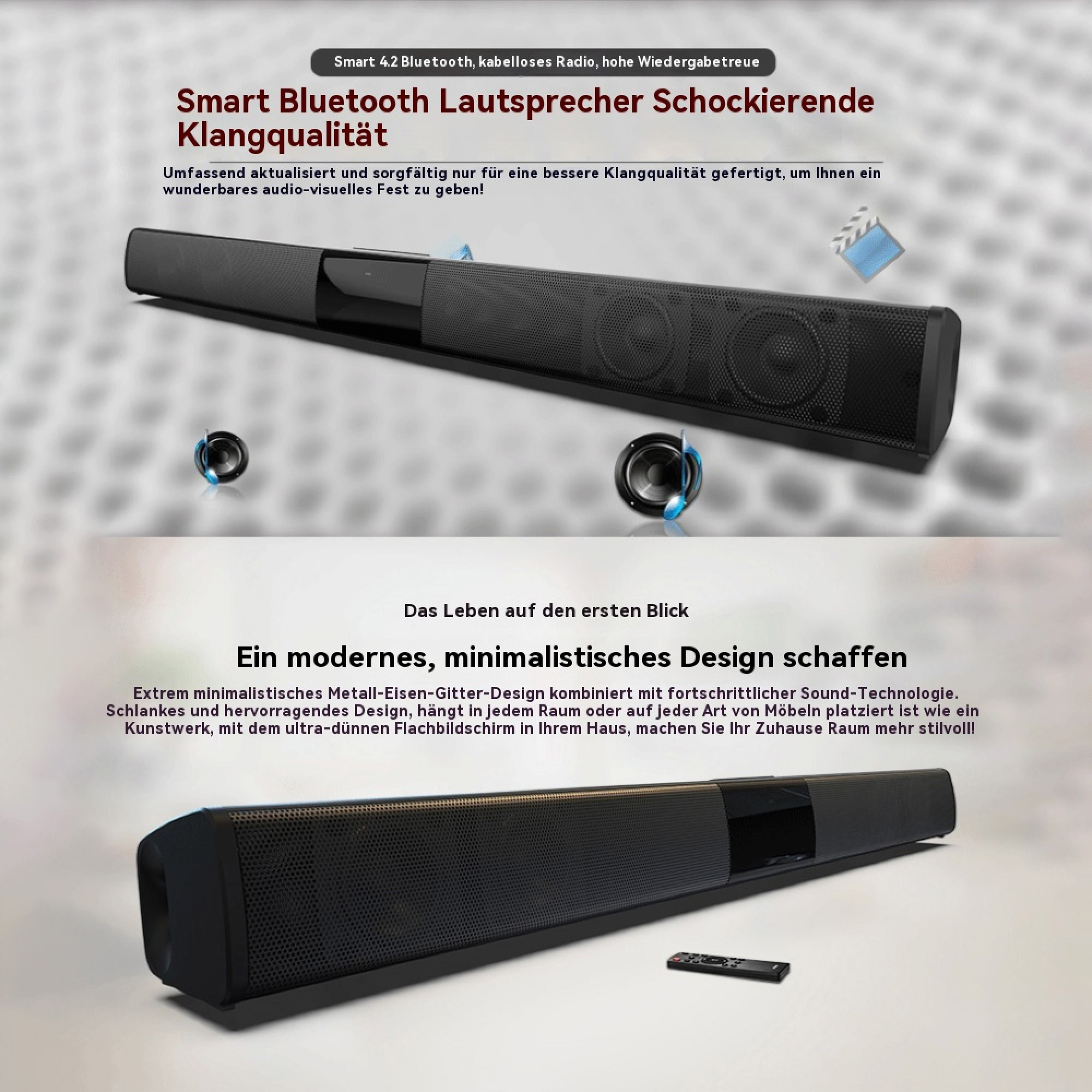 Schwarzer Bluetooth-Lautsprecher mit Fernbedienung und kleinen Lautsprechern.