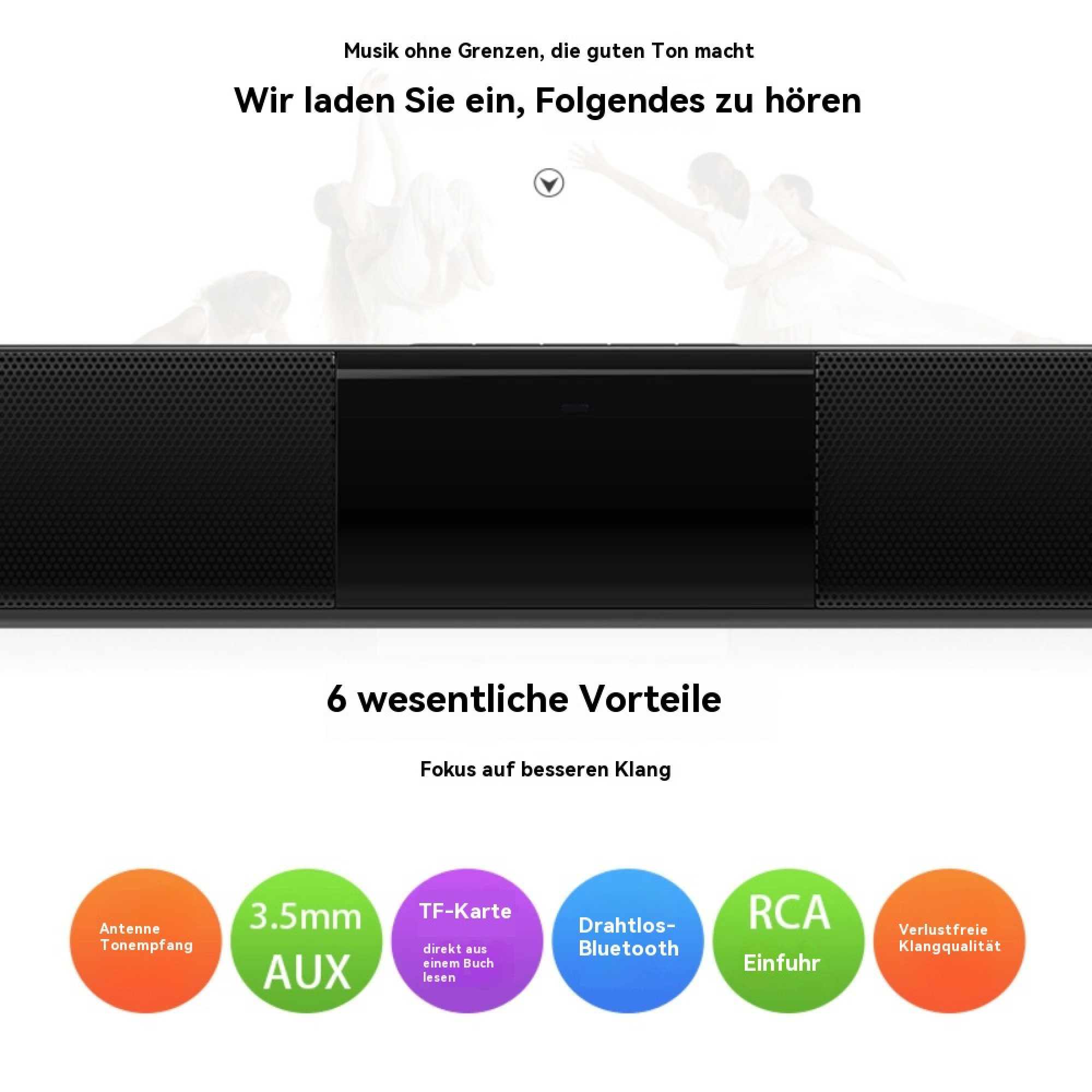 Ein schwarzer Lautsprecher mit bunten Kreisen, die Funktionen wie Bluetooth und AUX auflisten.