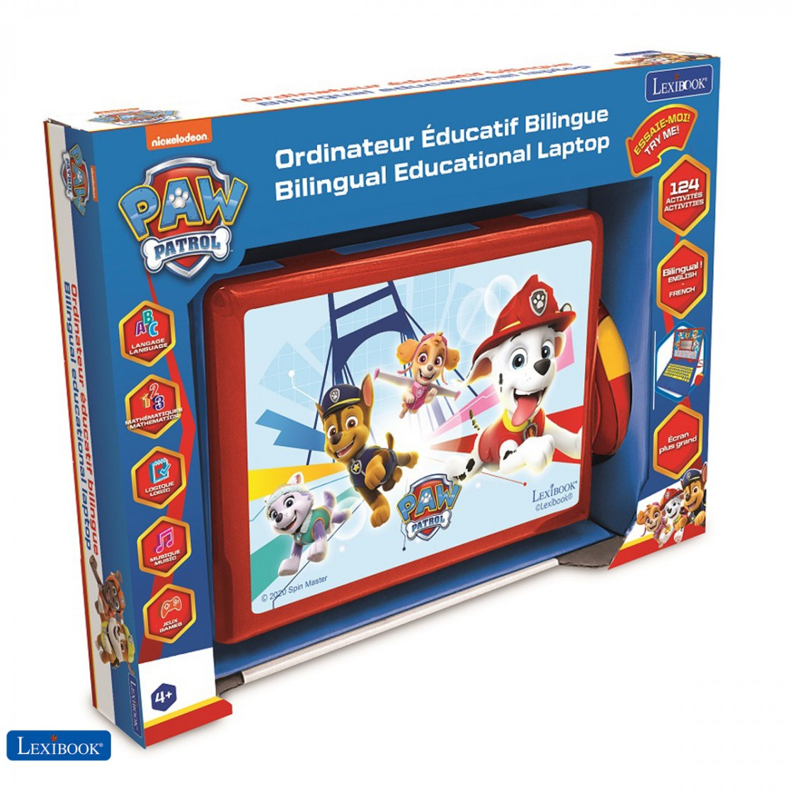 Un portátil educativo bilingüe de Paw Patrol con Marshall y Chase en pantalla.