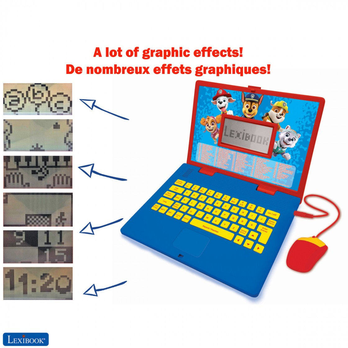 Un portátil azul Lexibook con teclado amarillo y personajes de Paw Patrol en pantalla.
