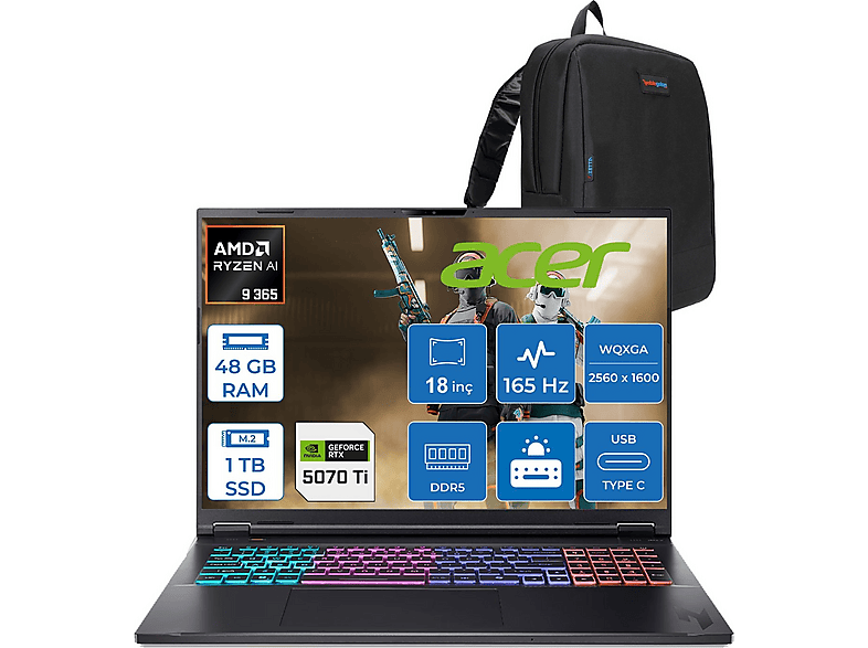 ACER Nitro 18 12GB RTX5070Ti QHD NHQYFEY001F37 AMD Ryzen 9 365 48 GB RAM 512 GB SSD 18 inç FreeDOS Laptop+Çanta Siyah