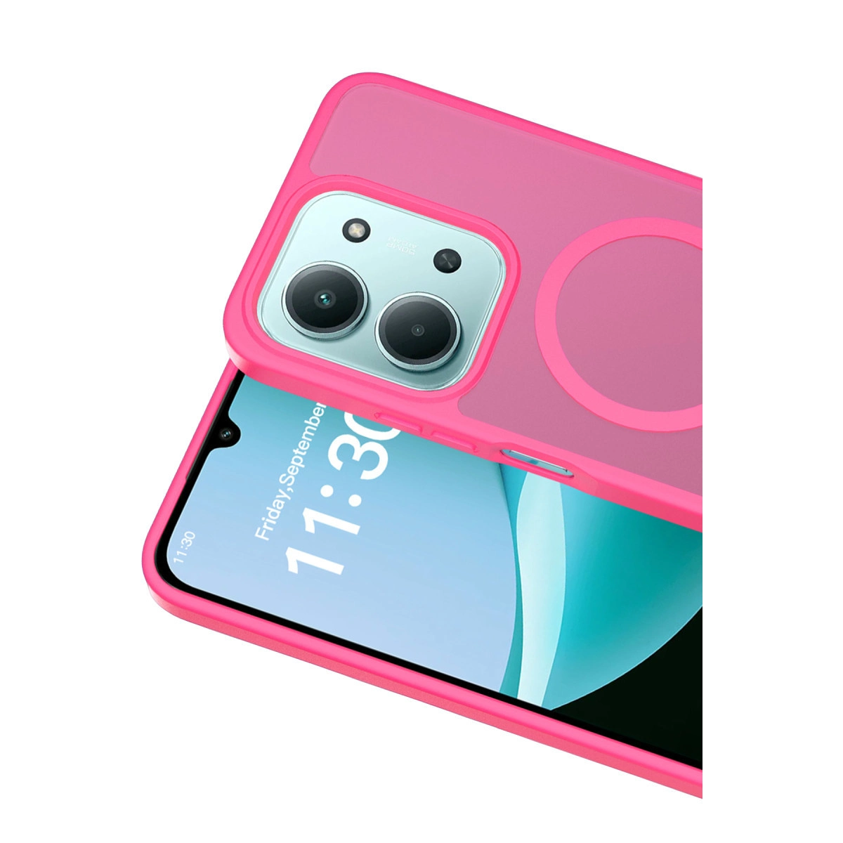 Pembe telefon kılıfı, çift kameralı bir akıllı telefonu kaplar.