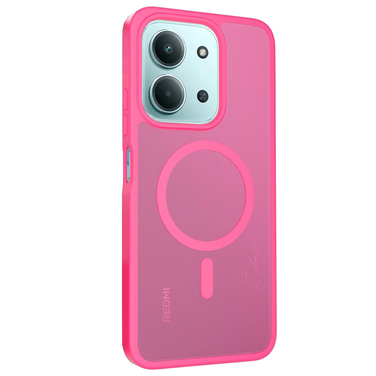 İki kamerası ve kırmızı halka sembolü olan pembe telefon kılıfı.