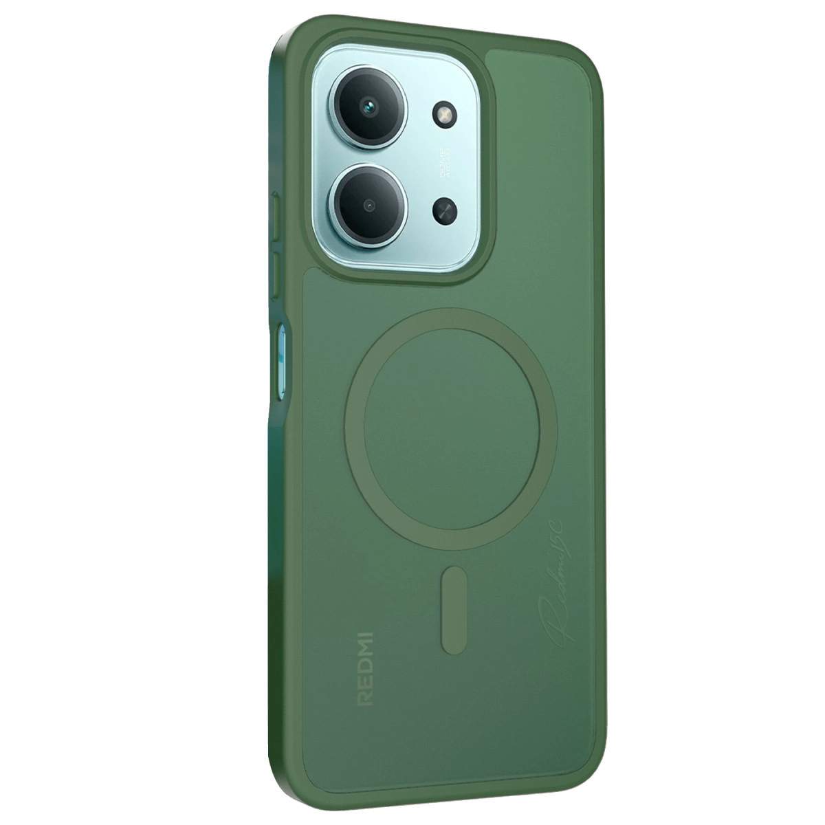 Çift kameralı ve halka mıknatıslı yeşil telefon kılıfı. Redmi logosu görünür.