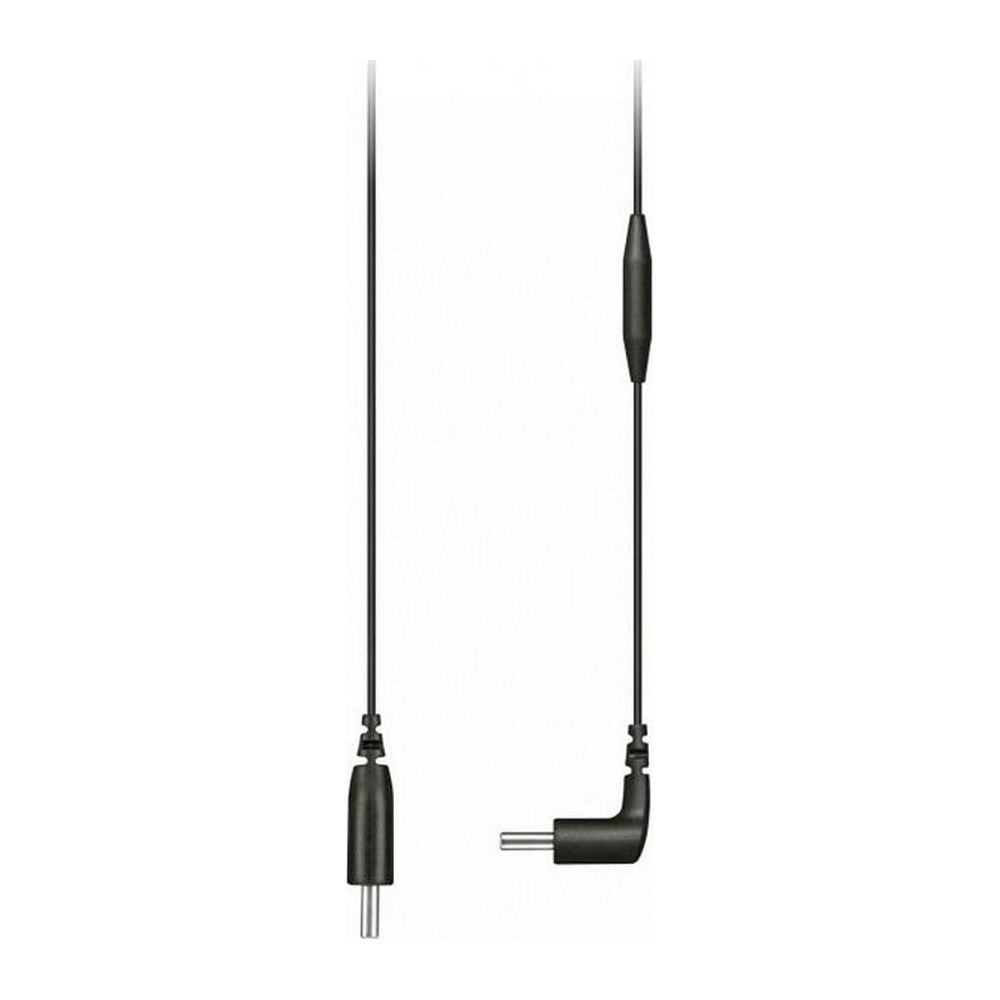 Due cavi audio neri con connettori. Uno dritto, uno ad angolo retto.