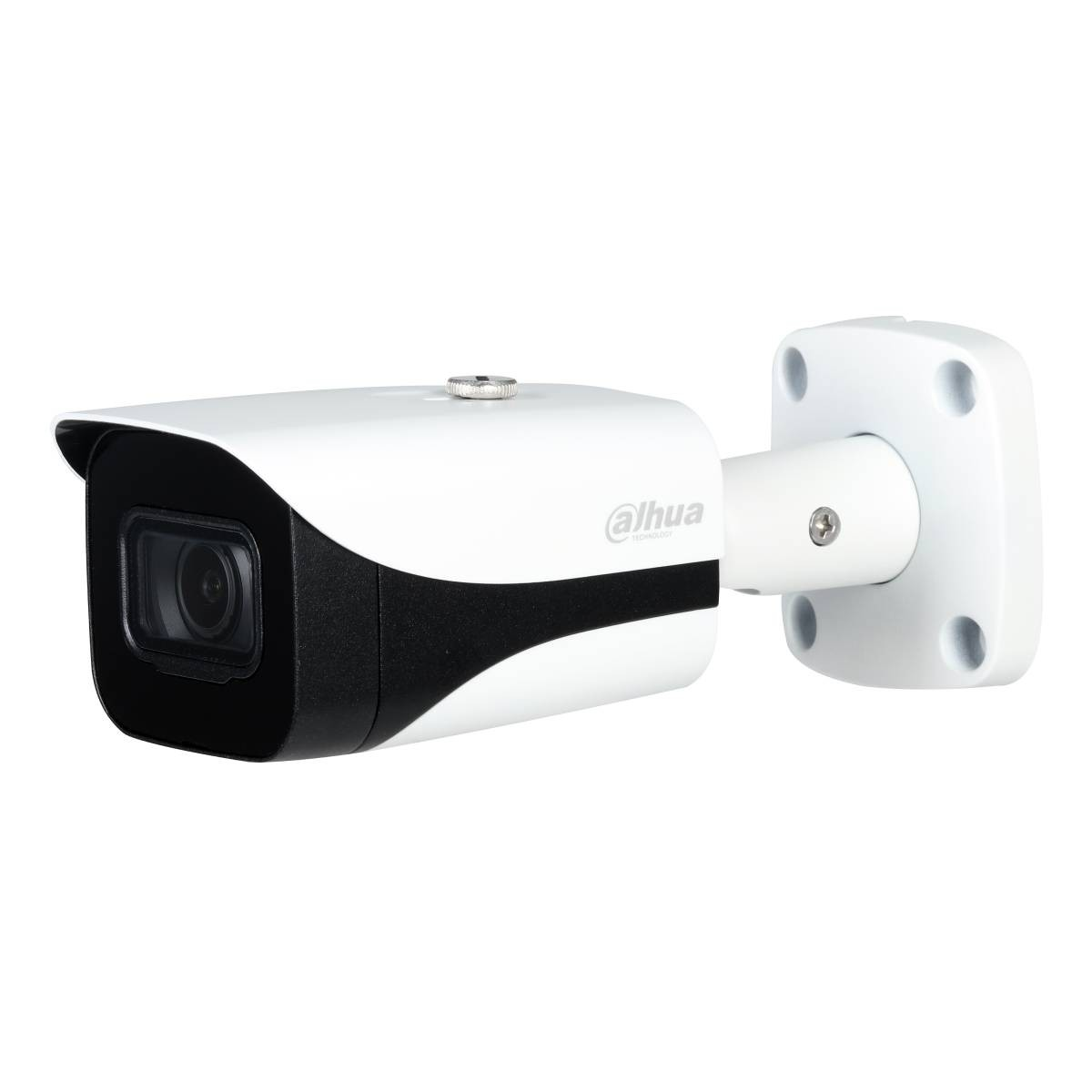 Una telecamera di sicurezza Dahua bianca a proiettile con accenti neri è montata su una staffa bianca.