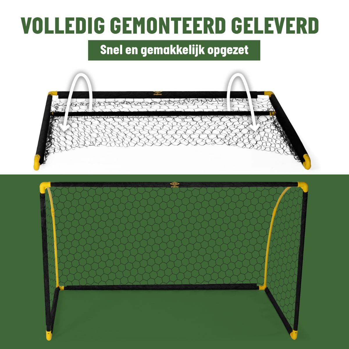 Ein Fußballtor mit schwarzem Netz und gelben Ecken. Oben und unten gezeigt.