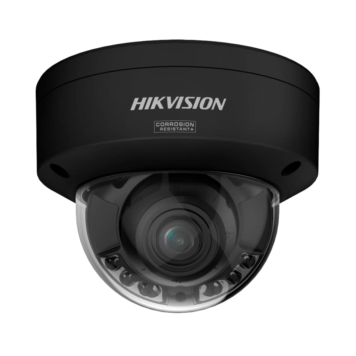 Telecamera dome Hikvision nera con resistenza alla corrosione. Testo bianco.