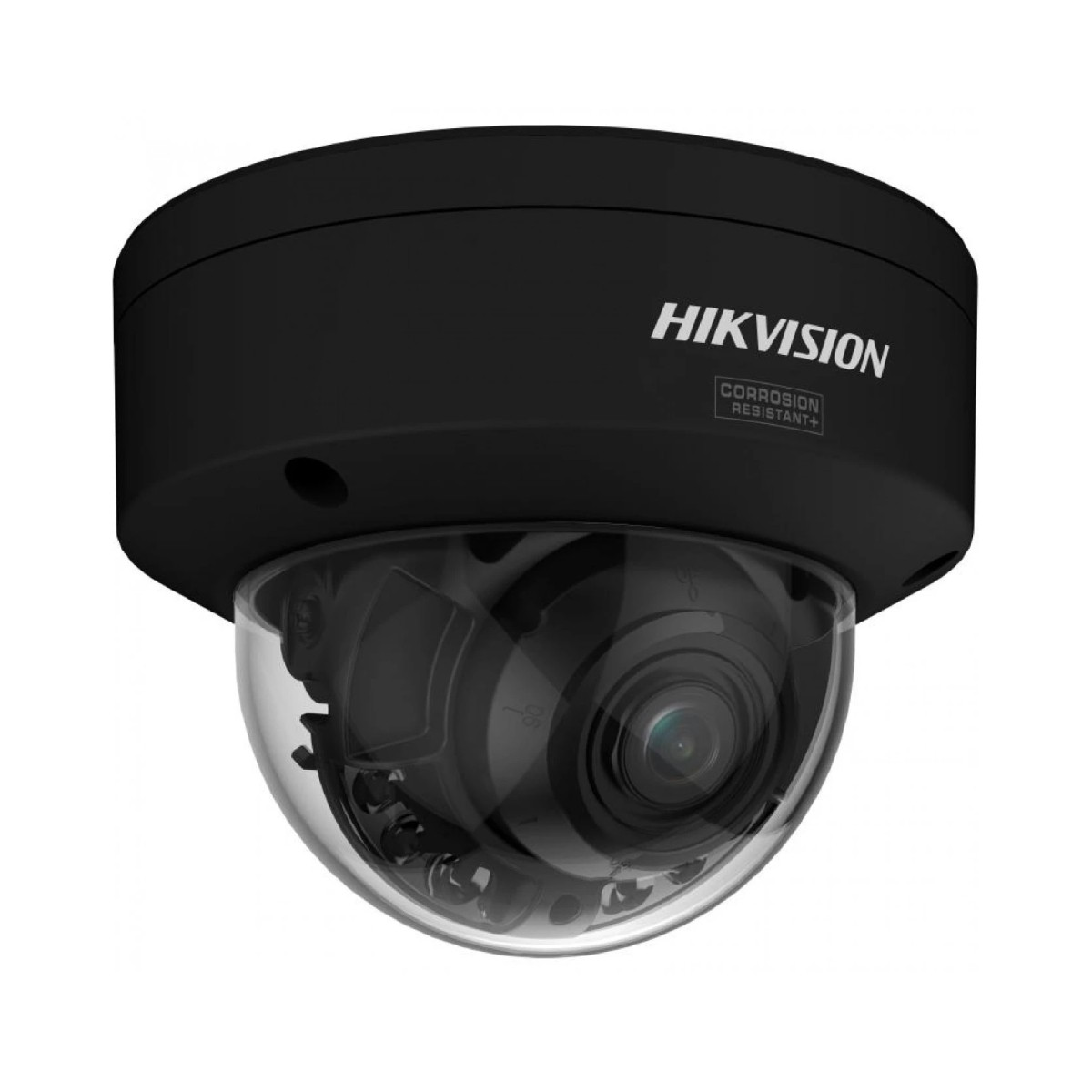Una telecamera dome Hikvision nera con cupola trasparente e logo argentato.