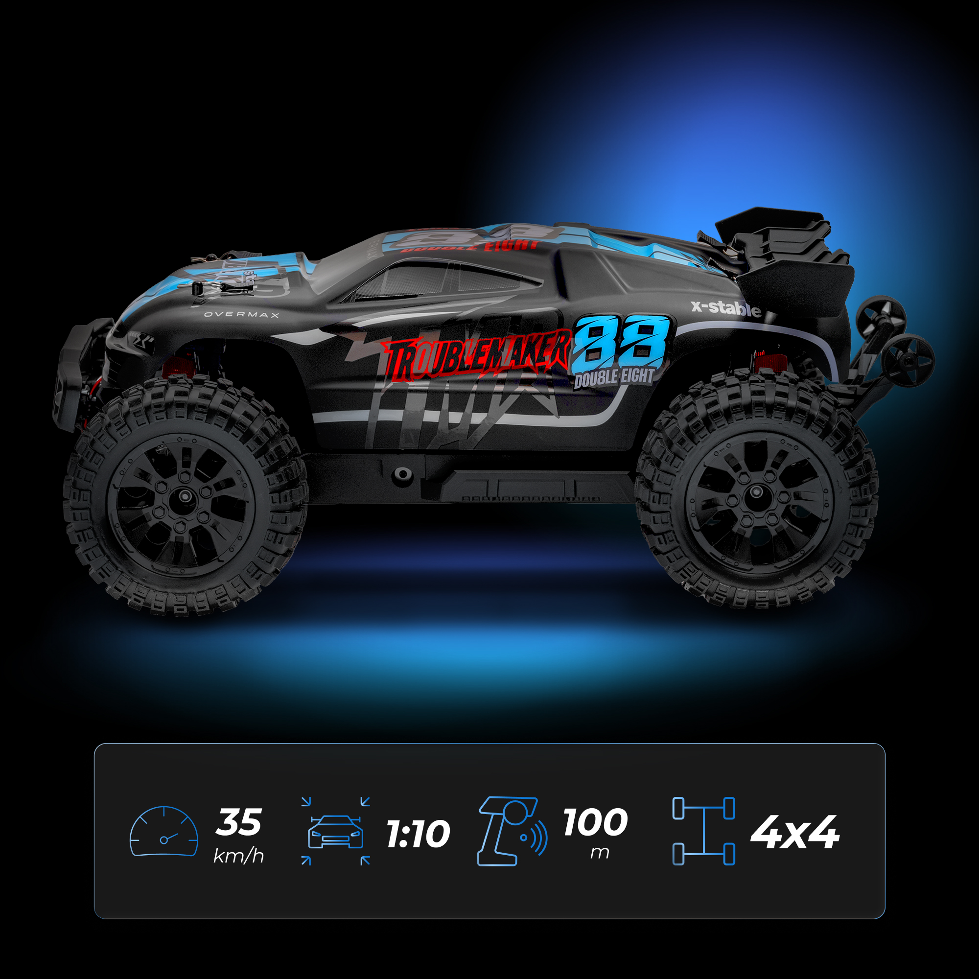 Schwarzer RC-Buggy mit blauen Akzenten, Reifen und Spoiler. Spezifikationen unten.