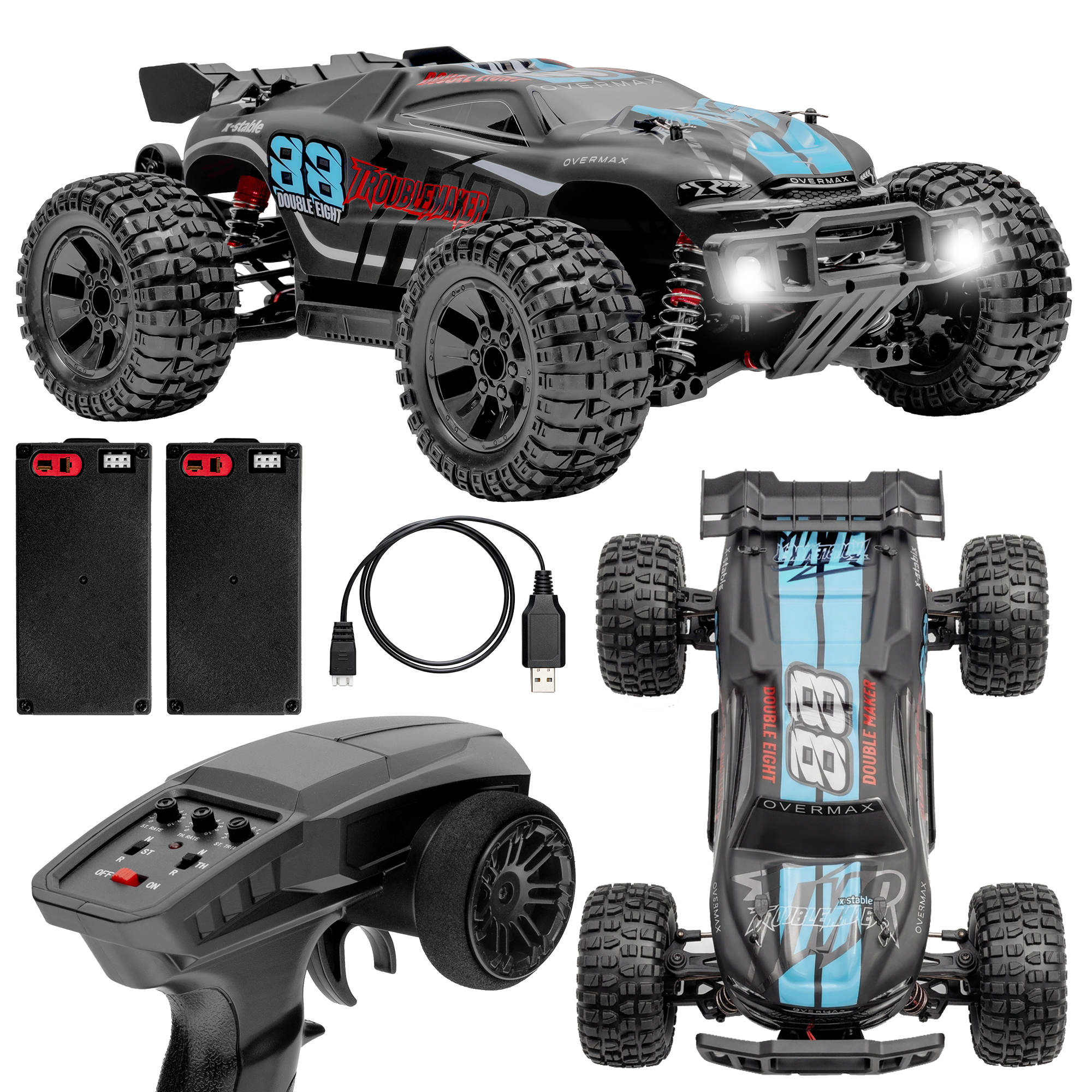 Schwarzes RC-Auto mit blauen Streifen, zwei Akkus, Fernbedienung und USB-Kabel.