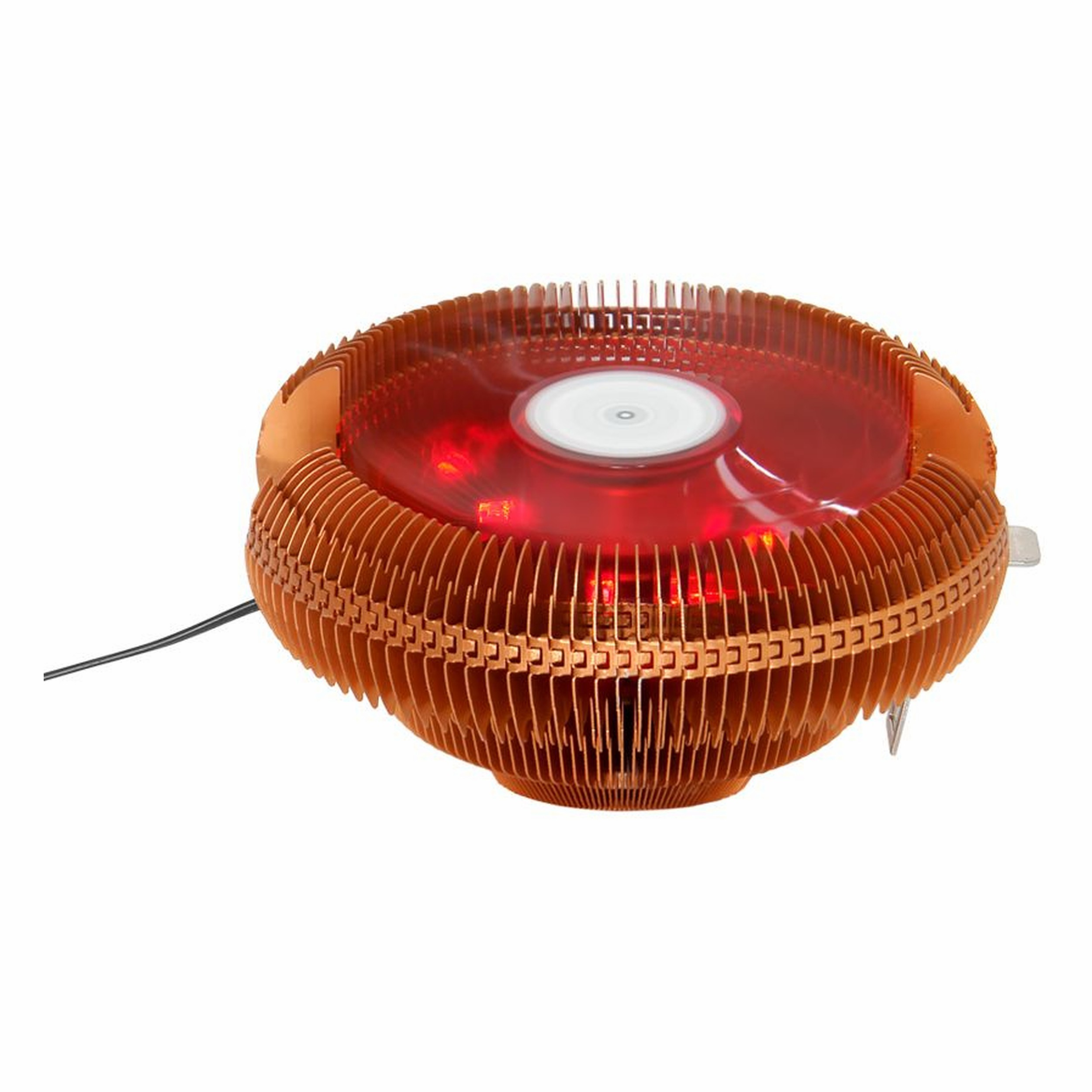 Kırmızı LED'li ve beyaz fan göbekli bakır CPU soğutucu.