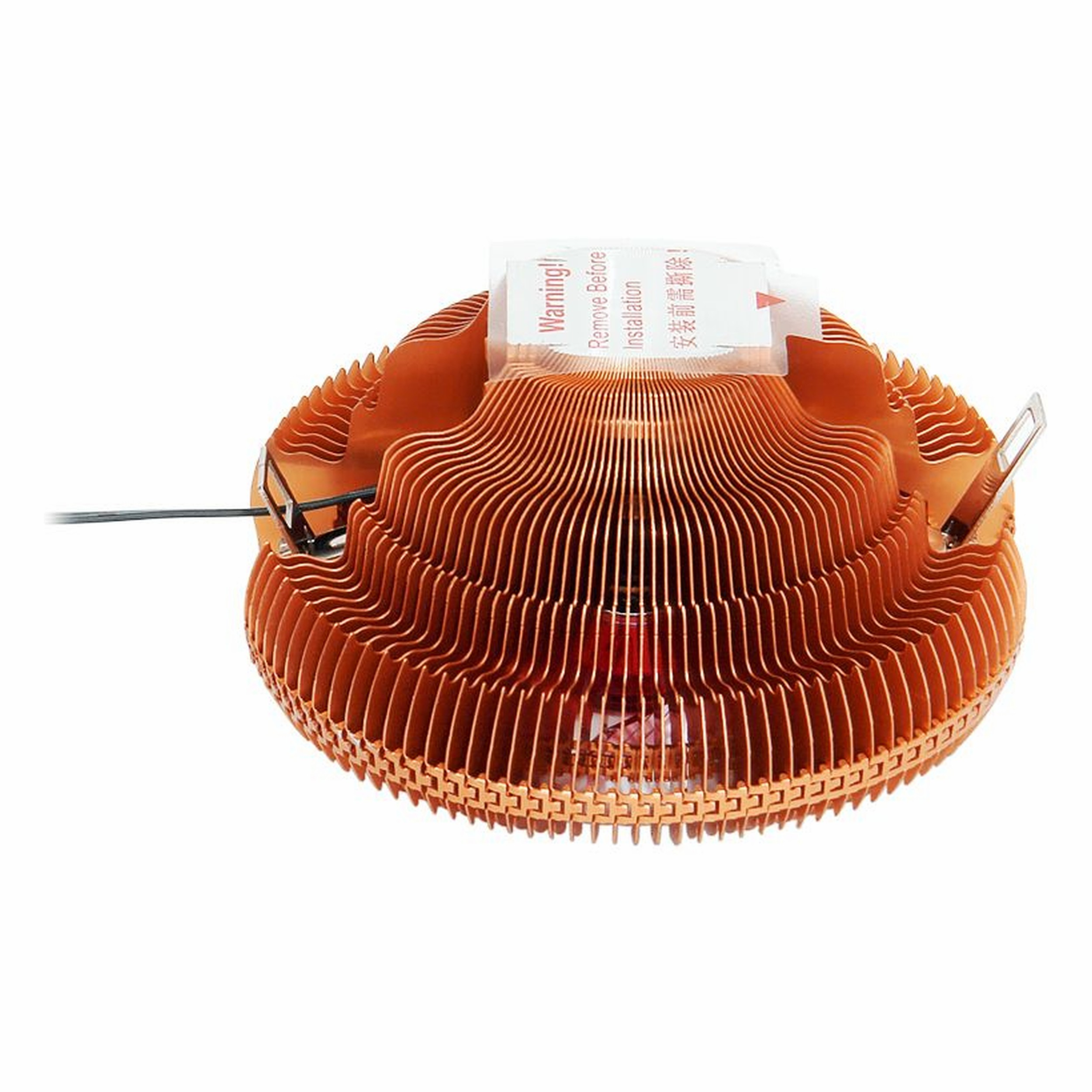 Çok sayıda kanatçığa sahip bakır CPU soğutucu. Üstte uyarı etiketi var.