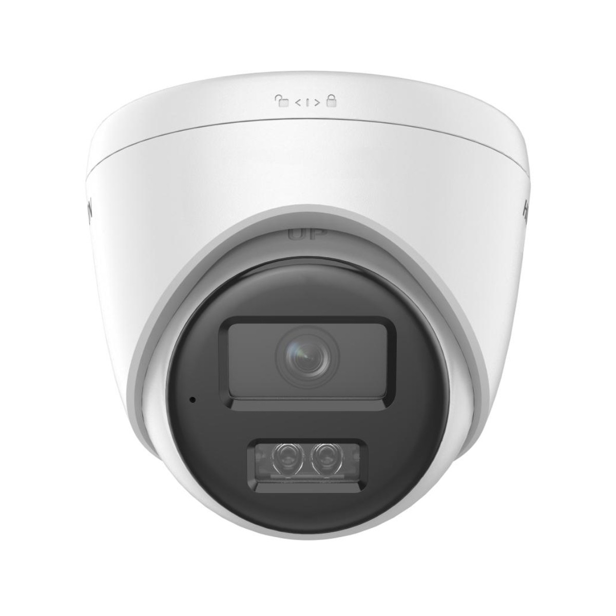 Telecamera di sicurezza bianca con frontale, lente e LED IR neri.