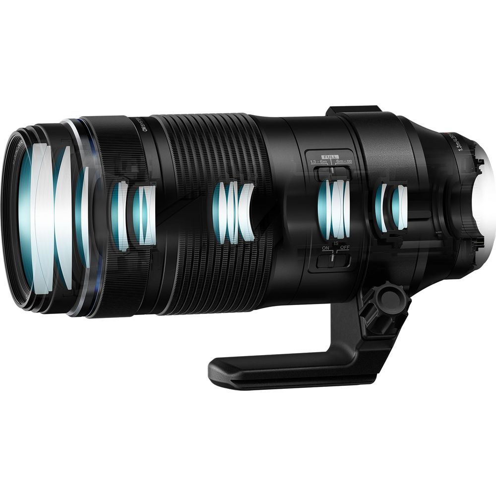 Doorgesneden weergave van een zwarte cameralens met zichtbare lenselementen.