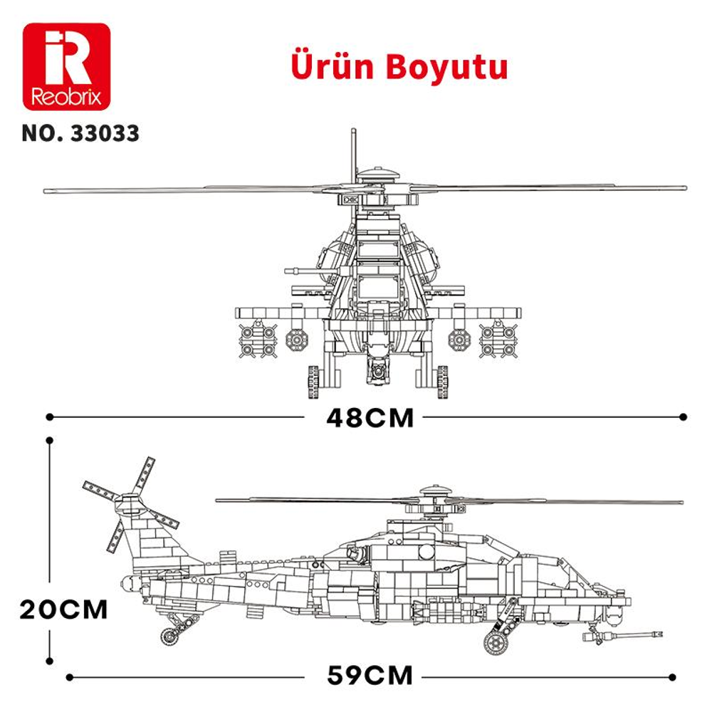 Helikopterin boyutları: 48cm genişlik, 59cm uzunluk, 20cm yükseklik.