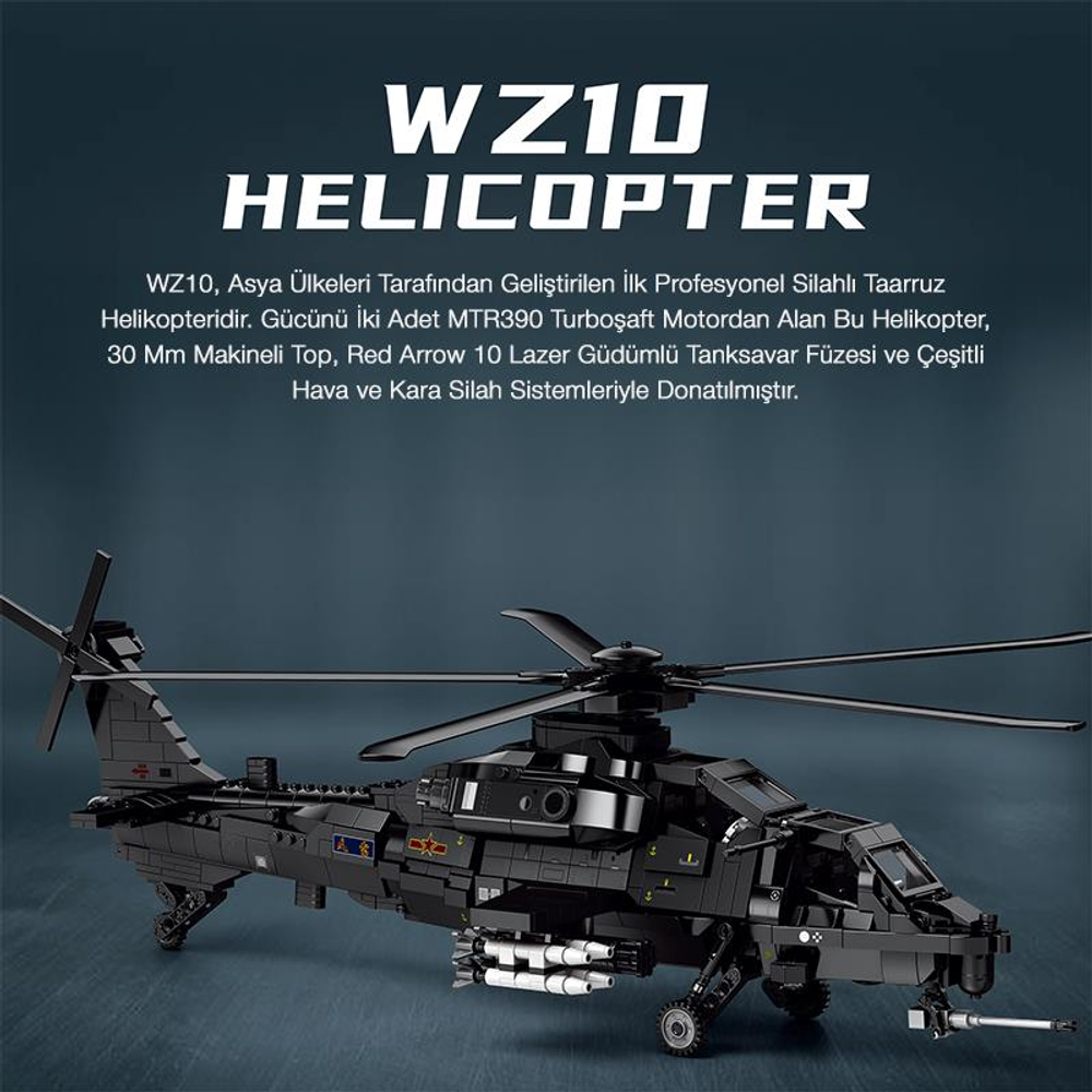 Siyah WZ10 taarruz helikopteri, roketler ve top ile, yapı bloklarından.