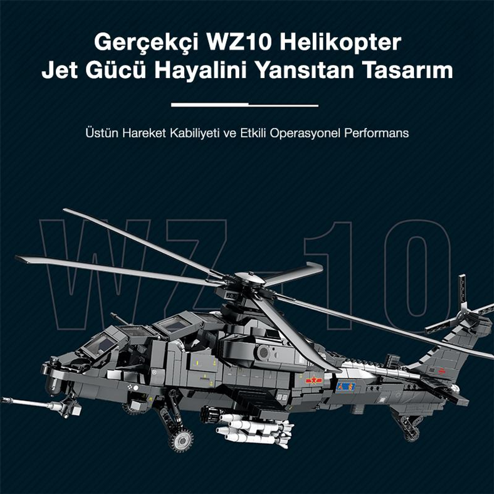 Kanatlarının altında füzeler bulunan detaylı gri WZ10 helikopter modeli.