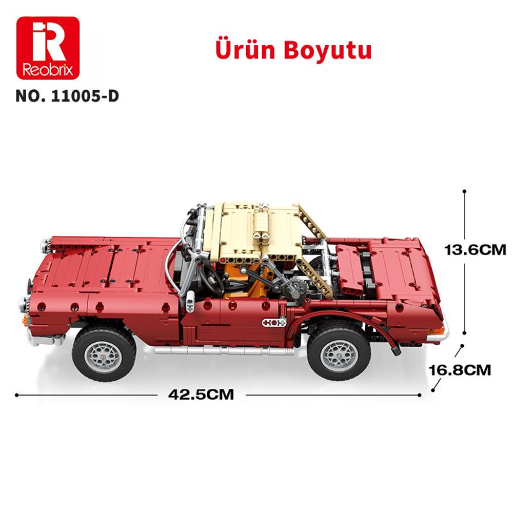 Bej renk detaylı kırmızı oyuncak kamyonet. Boyutları gösterilmiştir.