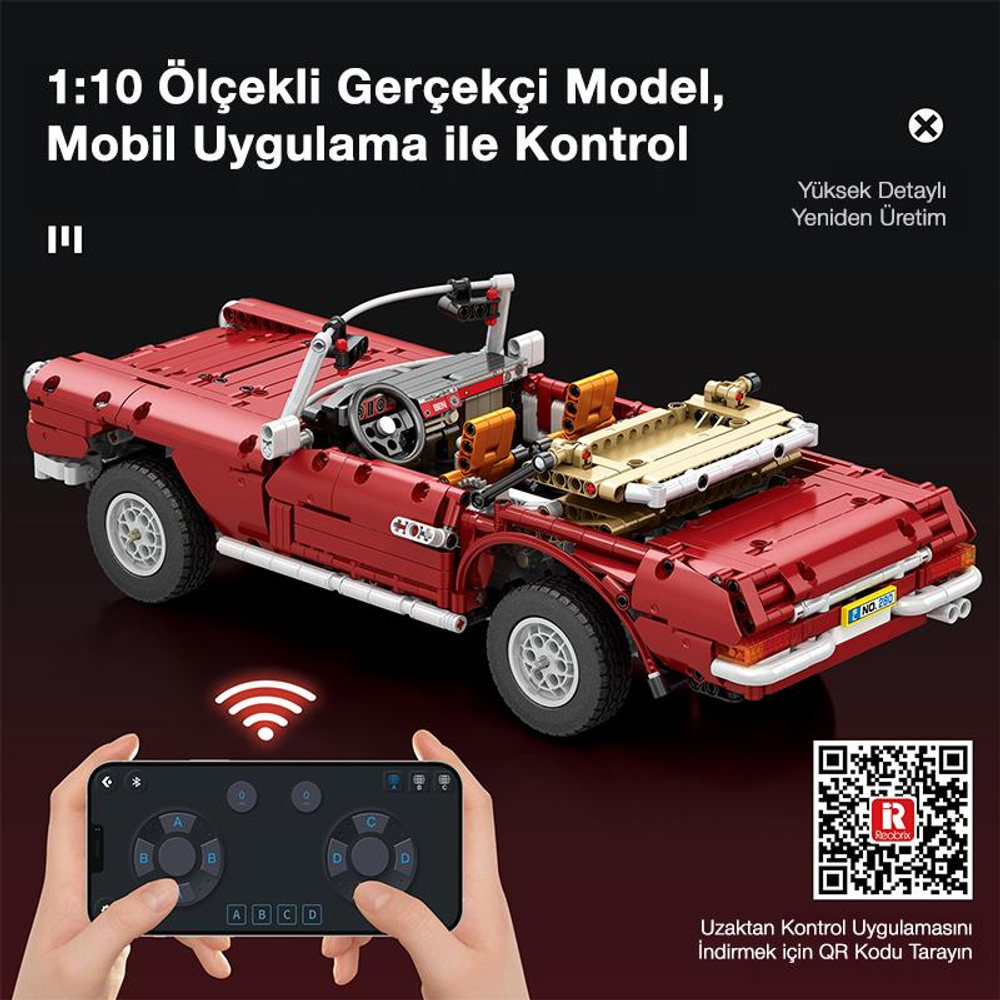 Uzaktan kumandayla kontrol edilen kırmızı üstü açık model araba.