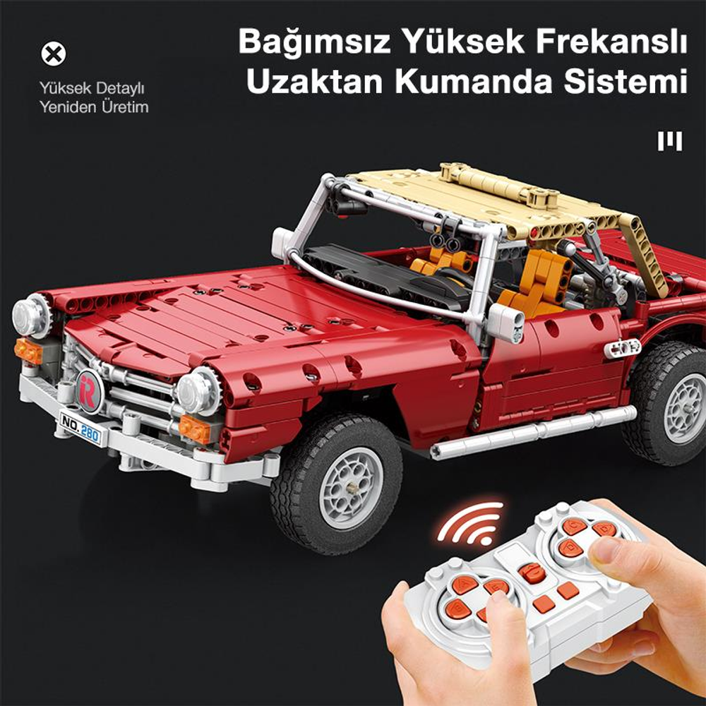 Beyaz kumandalı kırmızı uzaktan kumandalı araba modeli.