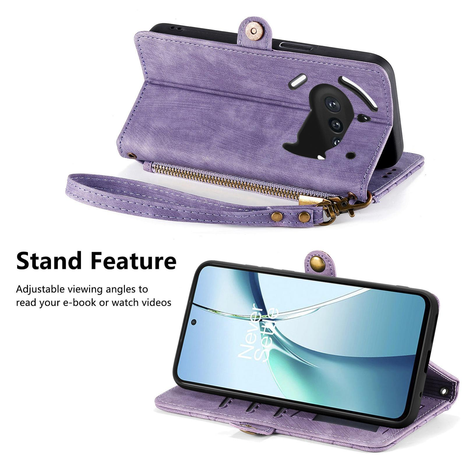 Funda morada para teléfono en horizontal mostrando función de soporte y bolsillo.