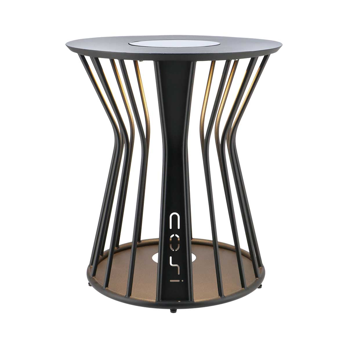 A black table with a curved frame and a round top.