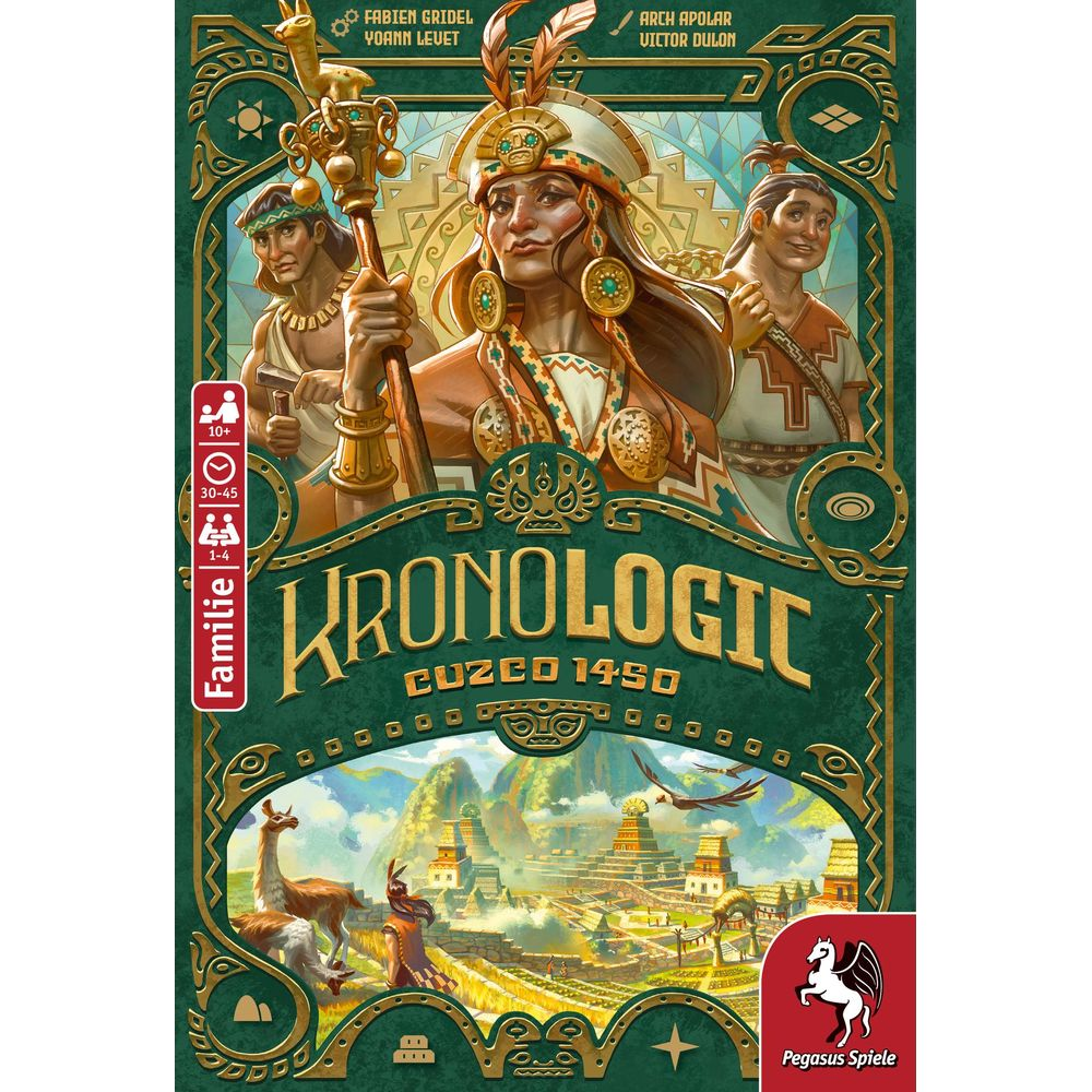 Copertina gioco da tavolo con figure Inca, città e lama. "Kronologic Cuzco 1450"