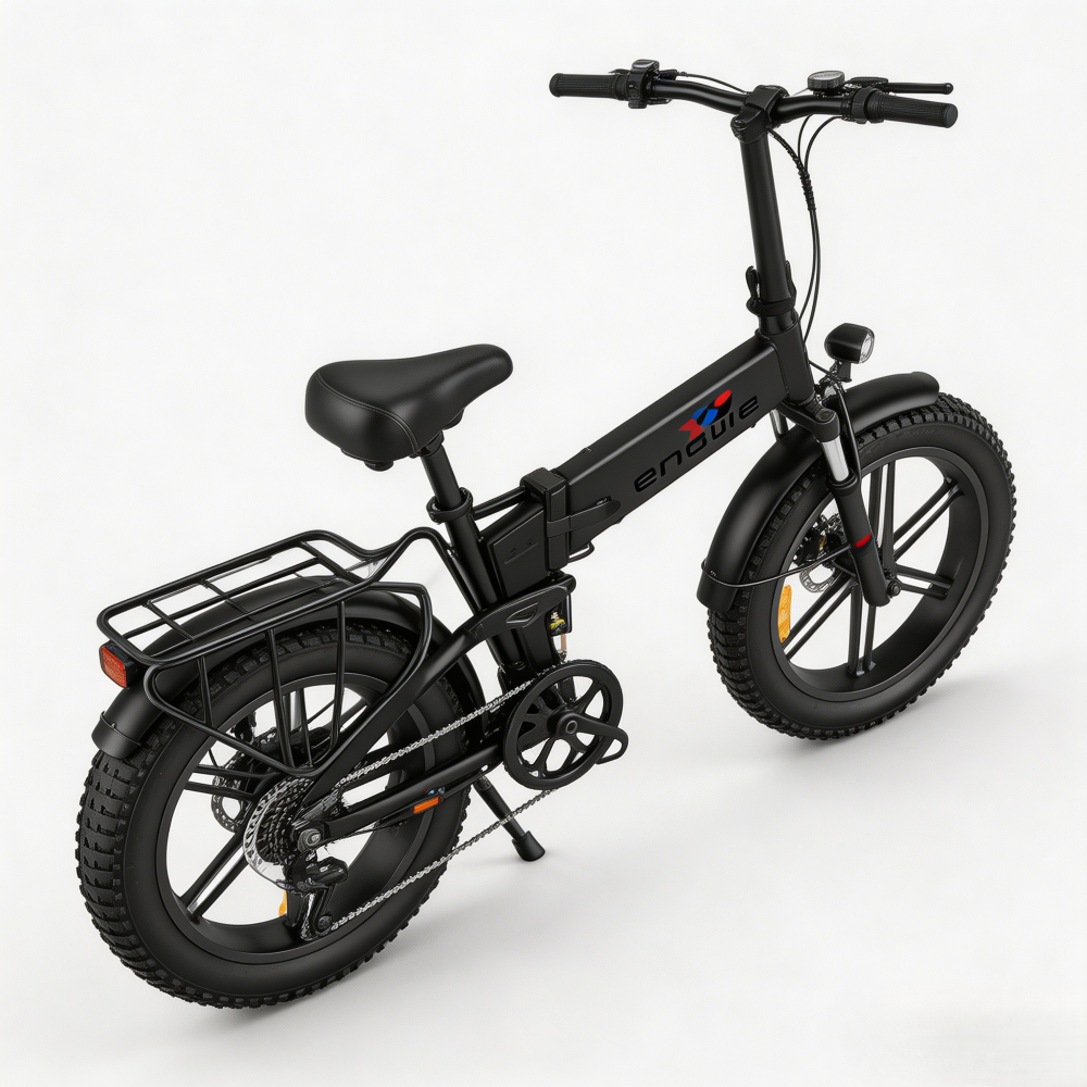 Una bicicletta elettrica pieghevole nera con pneumatici larghi, portapacchi e fanale posteriore rosso.